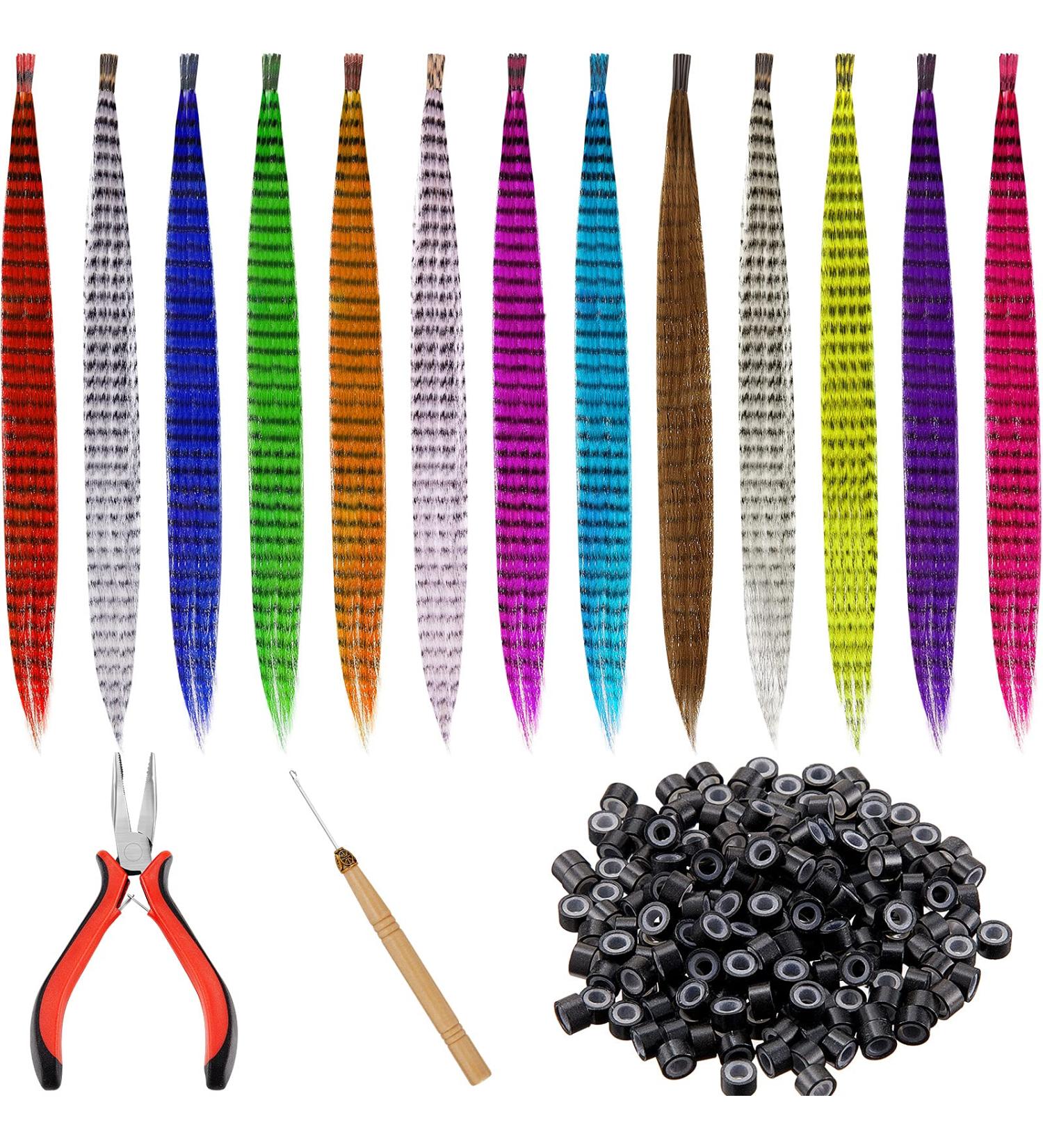 52 Colored Synthetic Hair Feathers + 200 Micro Rings & Tools for Women's Hair Extensions - Buy Online on GoSupps.com
