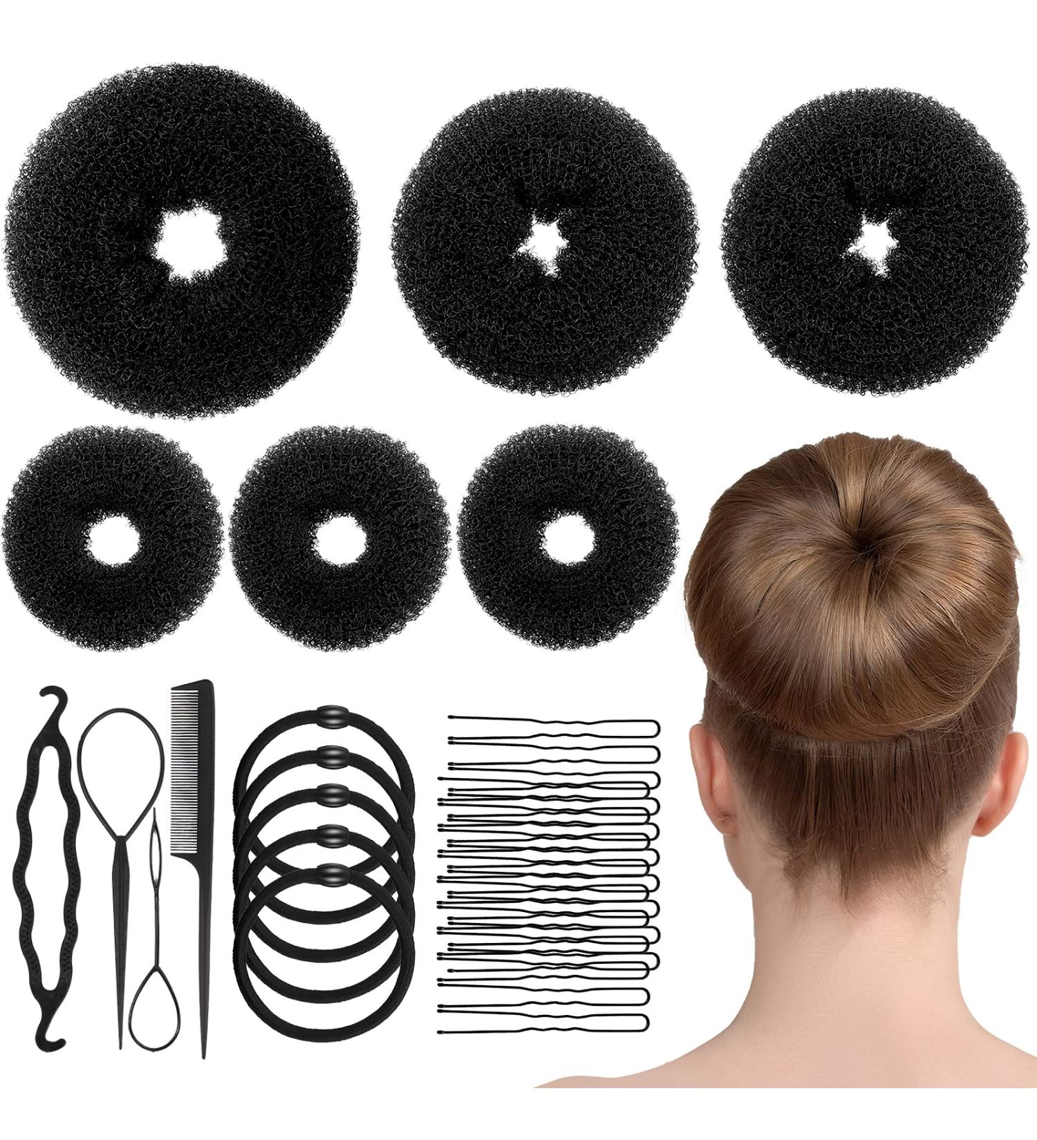 6-Piece Hair Bun Maker Set - Ring Style Donut Bun Shaper & Hair Accessories with Bobby Pins, Elastic Bands, and Ponytail Tools for Women, Girls, Kids - Black - Buy Online on GoSupps.com