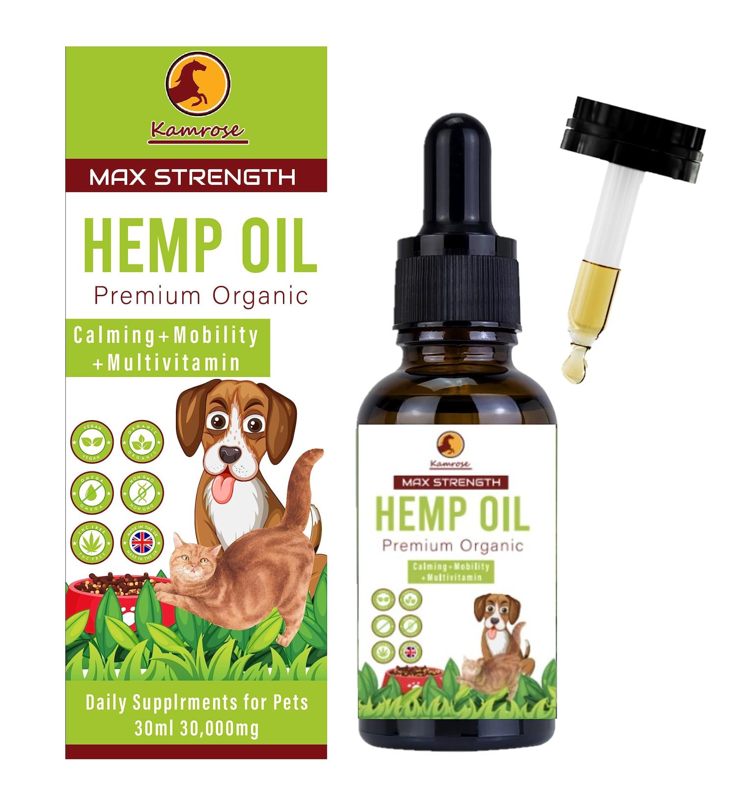 Kamrose Hemp Oil for Dogs And Cats | Dog Calming Organic Hemp Oil | Omega 3 6 9 | Certified High Strength 5000mg Naturally Supports Calming and Mobility - Buy Online on GoSupps.com