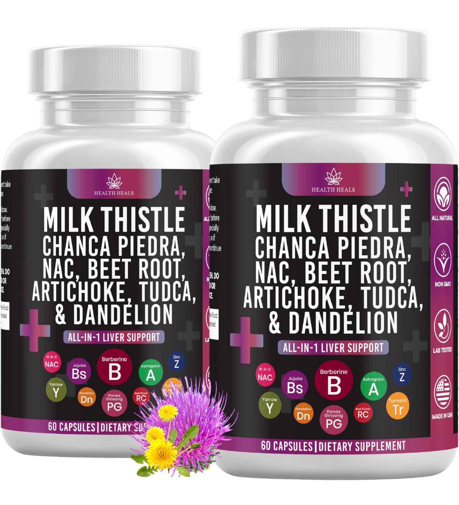 Milk Thistle NAC Chanca Piedra Beet Root Artichoke Dandelion Root - Liver Supplement Plus Astragalus TUDCA Choline & Ginger- 120 Count 60 Count (Pack of 2) - Buy Online on GoSupps.com