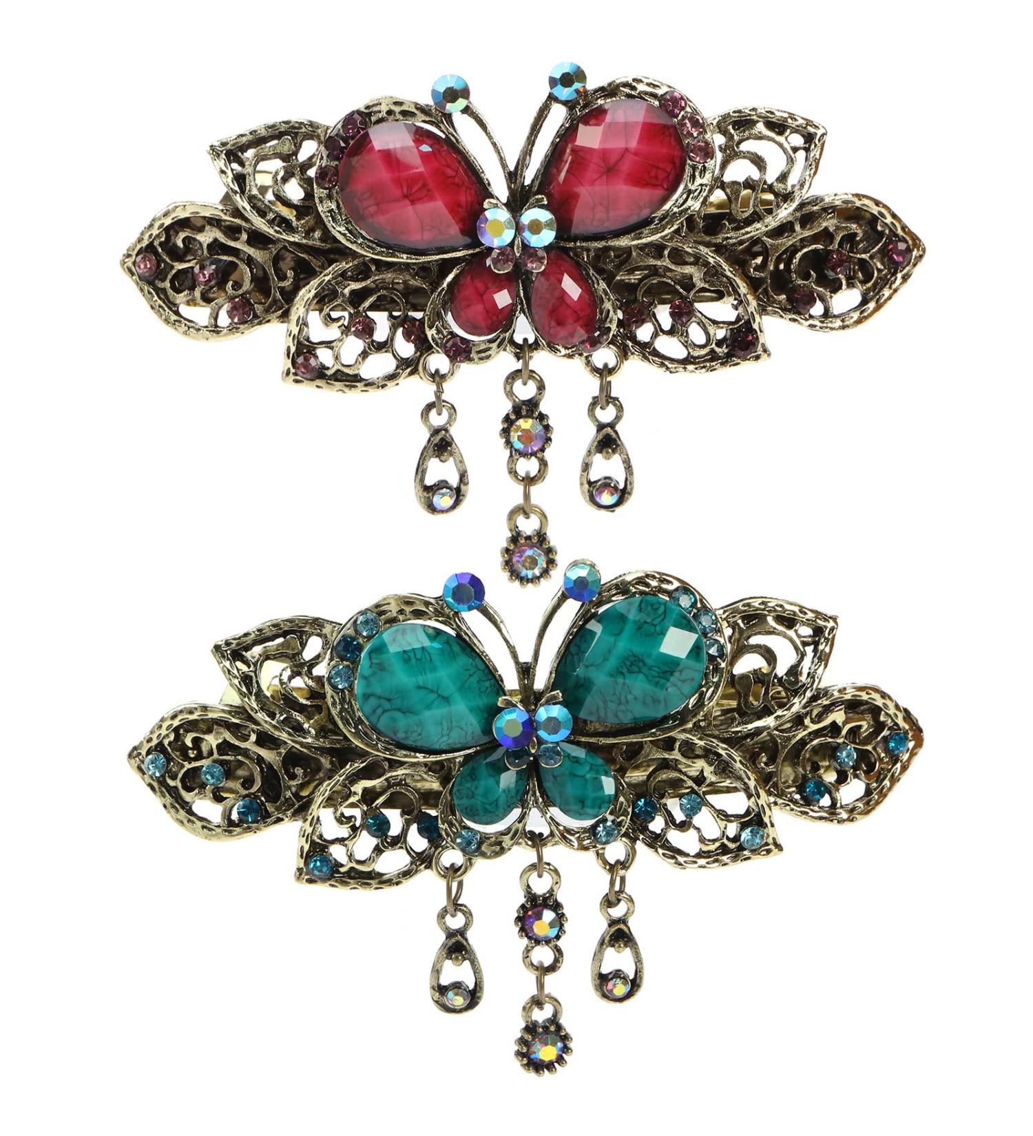 Vintage Butterfly Hair Clips - 2 Piece Rhinestone Set for Women & Girls | Green & Purple Retro Hair Accessories - Buy Online on GoSupps.com