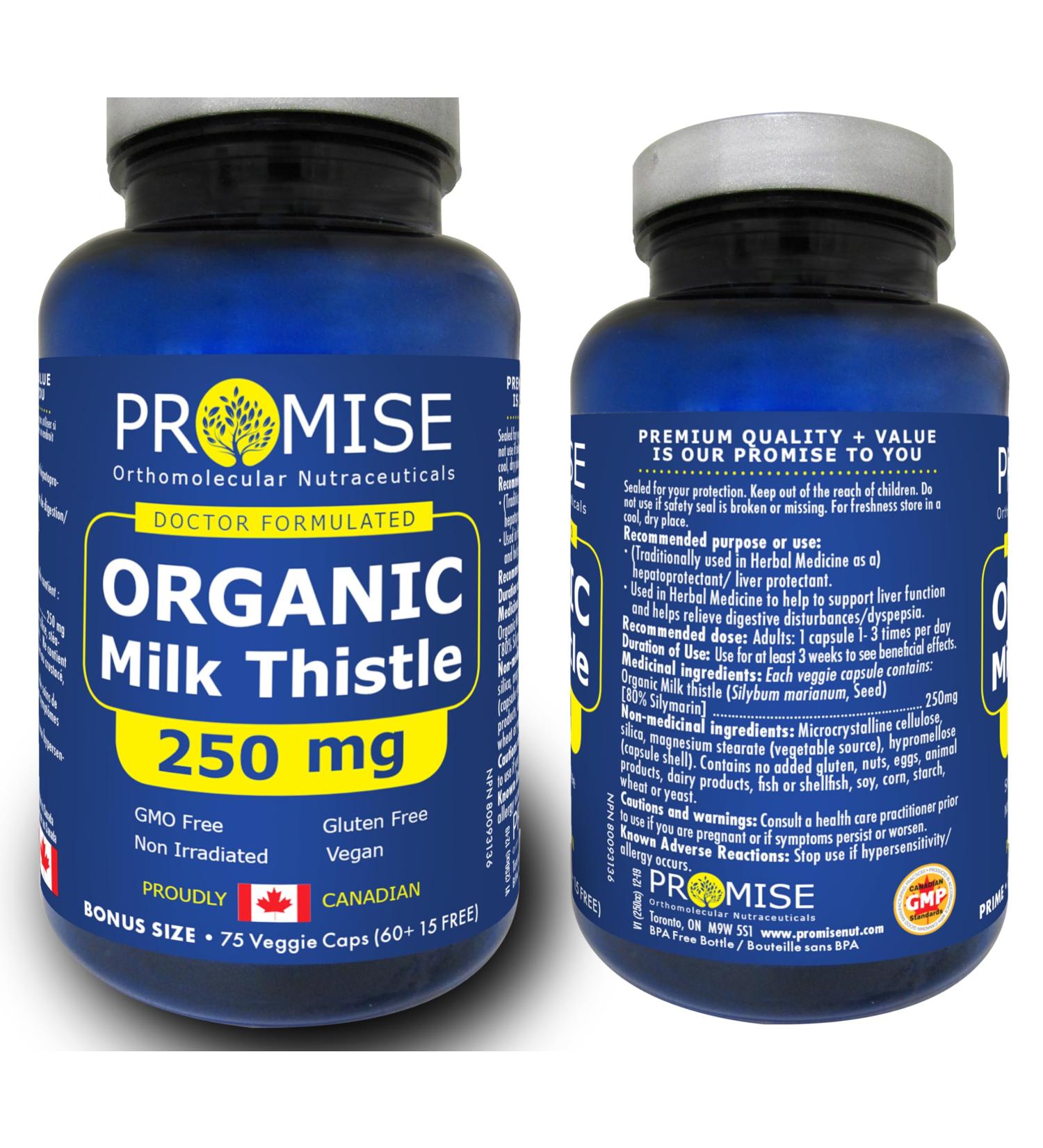  Promise Organic Milk Thistle - 250mg each capsule Support Liver Functions Liver and Colon Cleanse Detox Supplement Made in Canada 75 Caps - Buy Online on GoSupps.com