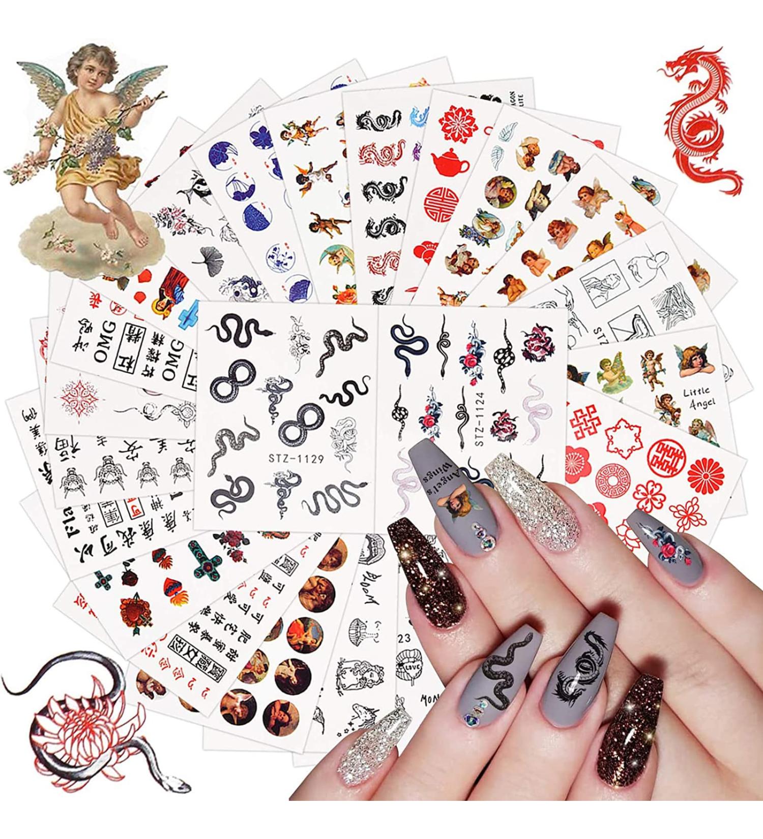Kalolary Nail Art Stickers Decals 24 Sheets Dragon Snake New Year Red Black Design Water Slider Chinese Manicure Angle Chinese Character Nail Art Decor Halloween Nail Decoration - Buy Online on GoSupps.com