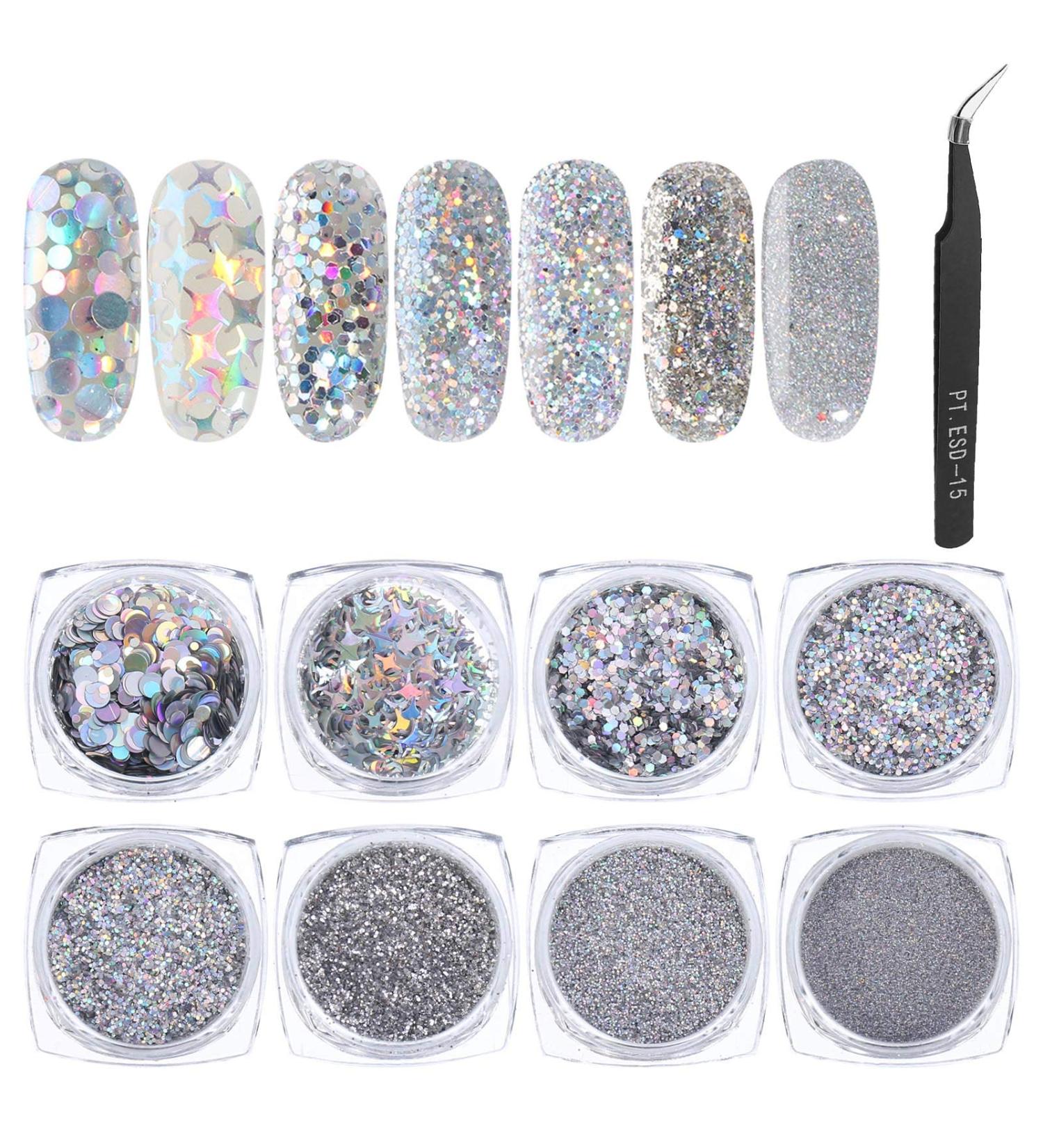 Qinren 8 Box Nail Glitter Powder - Nail Art Glitter Seedlets with Tweezers for Easy Application | Body Glitter & Epoxy Resin Decoration - Buy Online on GoSupps.com