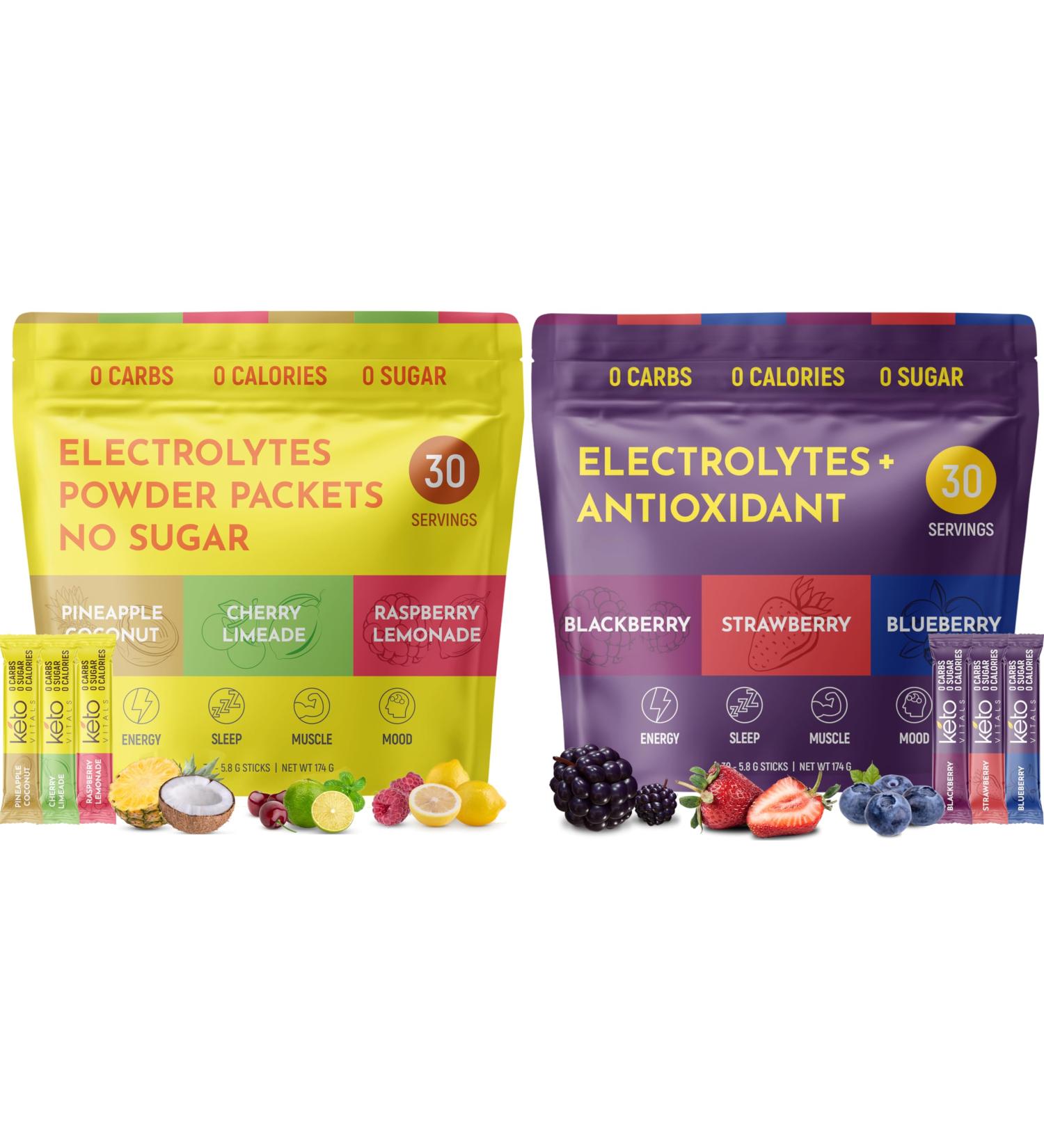 Keto Vitals Tropical & Berry Assorted 2 Pack Bundle Electrolyte Powder Bundle: Tropical & Berry Assorted Flavors - Sugar-Free & Zero Calorie Electrolyte Drink Mix Packets 60 Servings - Buy Online on GoSupps.com