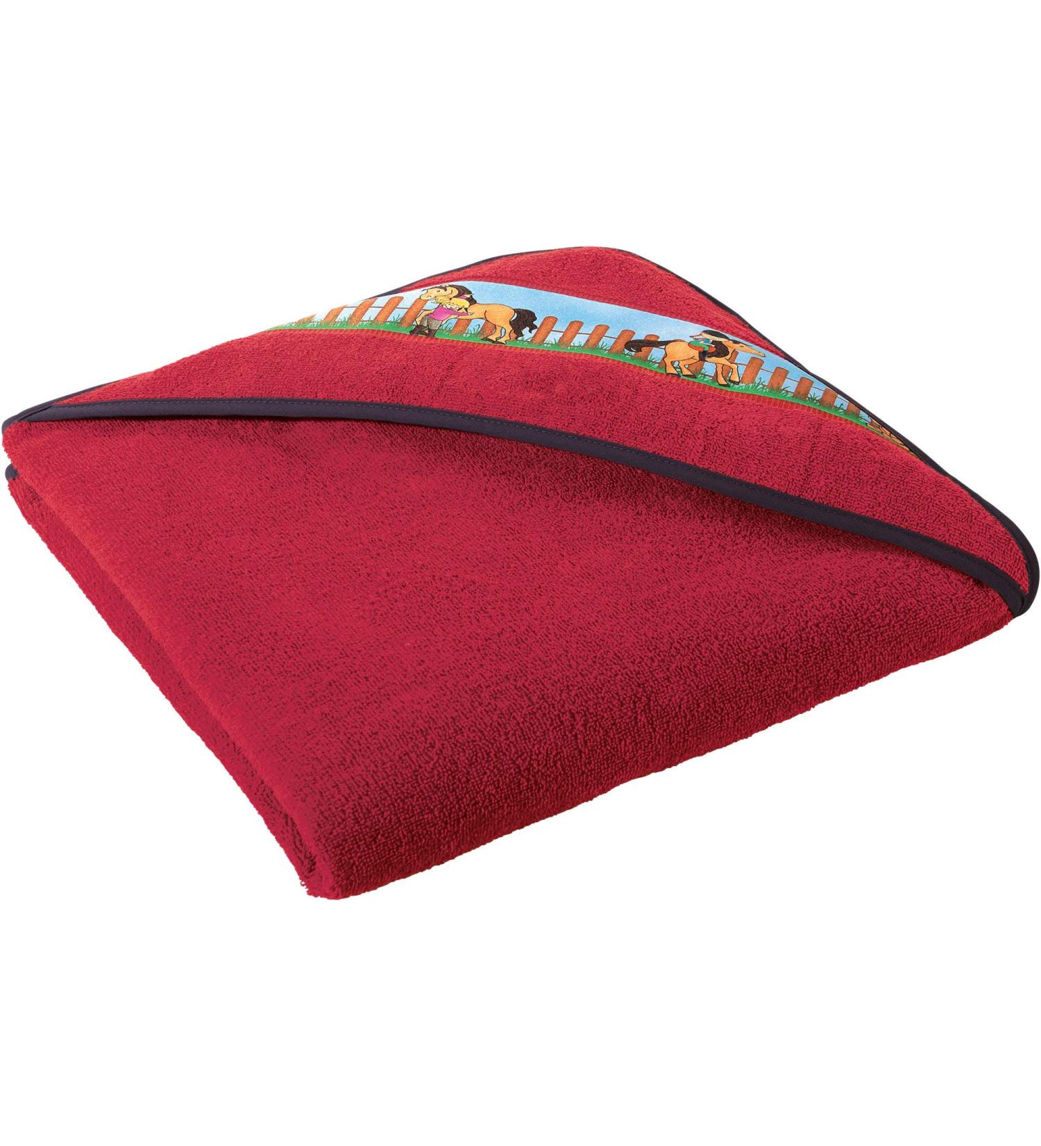 Erwin M ller Children's Habtbade towel hooded towel red size 140x140 cm - with horse motif on border soft skin -friendly 100% cotton hooded bath towel |140x140 cm red