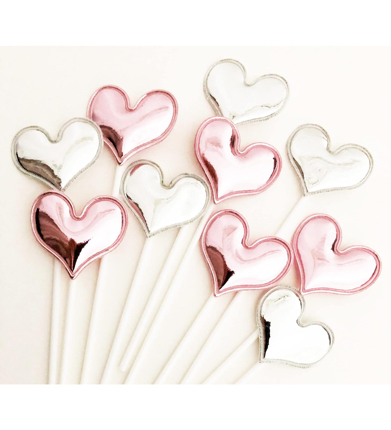Ailexi handmade 10 leather reflective glitter cake piece for cake cup cake and ice cream - 5 pink and 5 silver heart pink/silver hearts