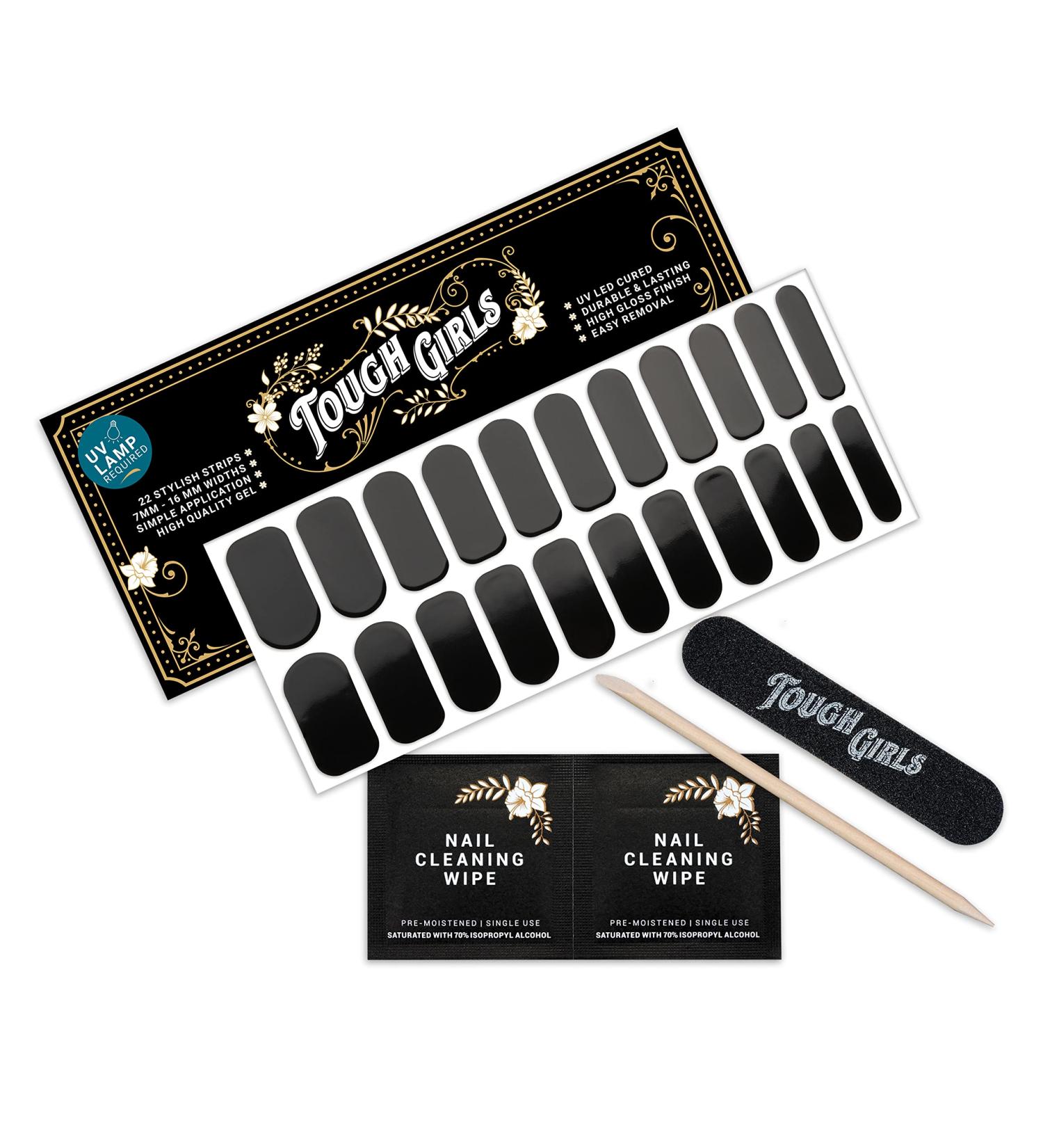 Tough Girls 22 Semi-Cured Gel Nail Polish Strips | Brighter Thicker Tougher | UV LED Lamp Required | Includes Cuticle Stick, Nail File, Wipes - Black - Buy Online on GoSupps.com