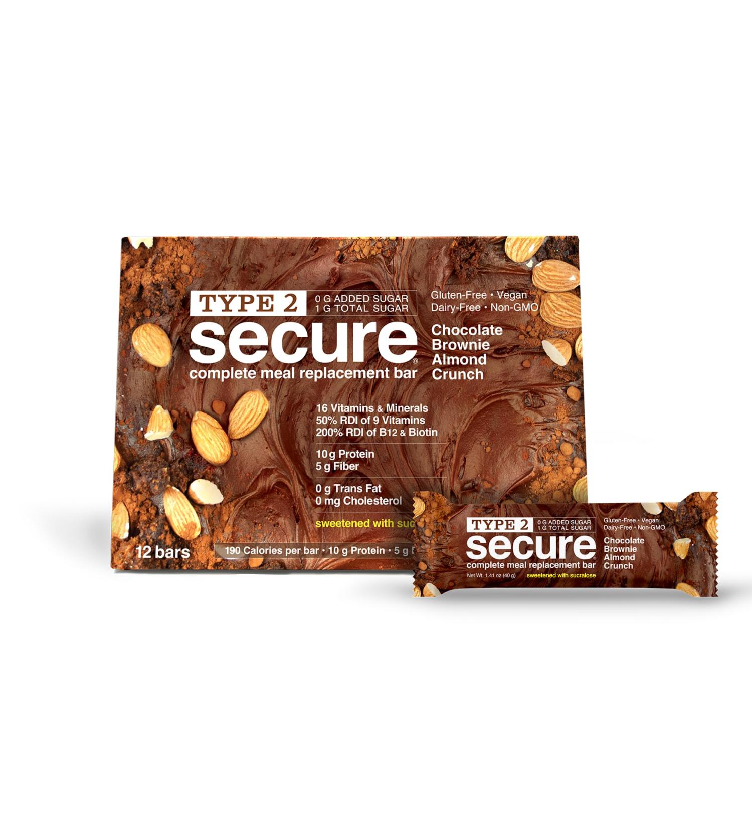 ANDREW LESSMAN Type 2 Secure Complete Meal Replacement Bars (Sucralose) Chocolate Brownie Almond Crunch 12 ct box 10g Protein 0g Added Sugar 16 Essential Vitamins & Minerals Gluten-Free Chocolate Brownie Almond Cru  - Buy Online on GoSupps.com