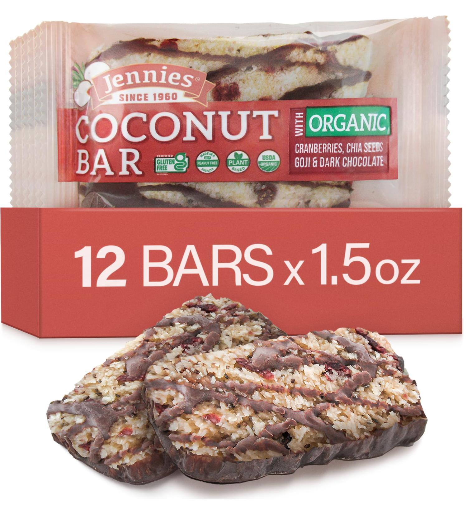Jennies Raw Organic Goji Moji Coconut Bar 1.5oz (12 Pack) | Peanut Free | Gluten Free