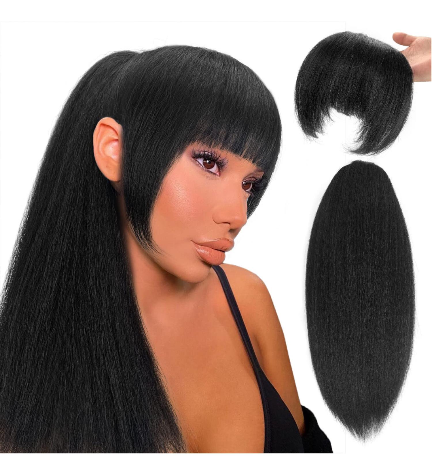 20 inch Long Yaki Straight Drawstring Ponytail with Bangs | Synthetic Kinky Straight Clip in Ponytail Extension for Black Women | Daily Use Hairpiece in 1B Color - Buy Online on GoSupps.com
