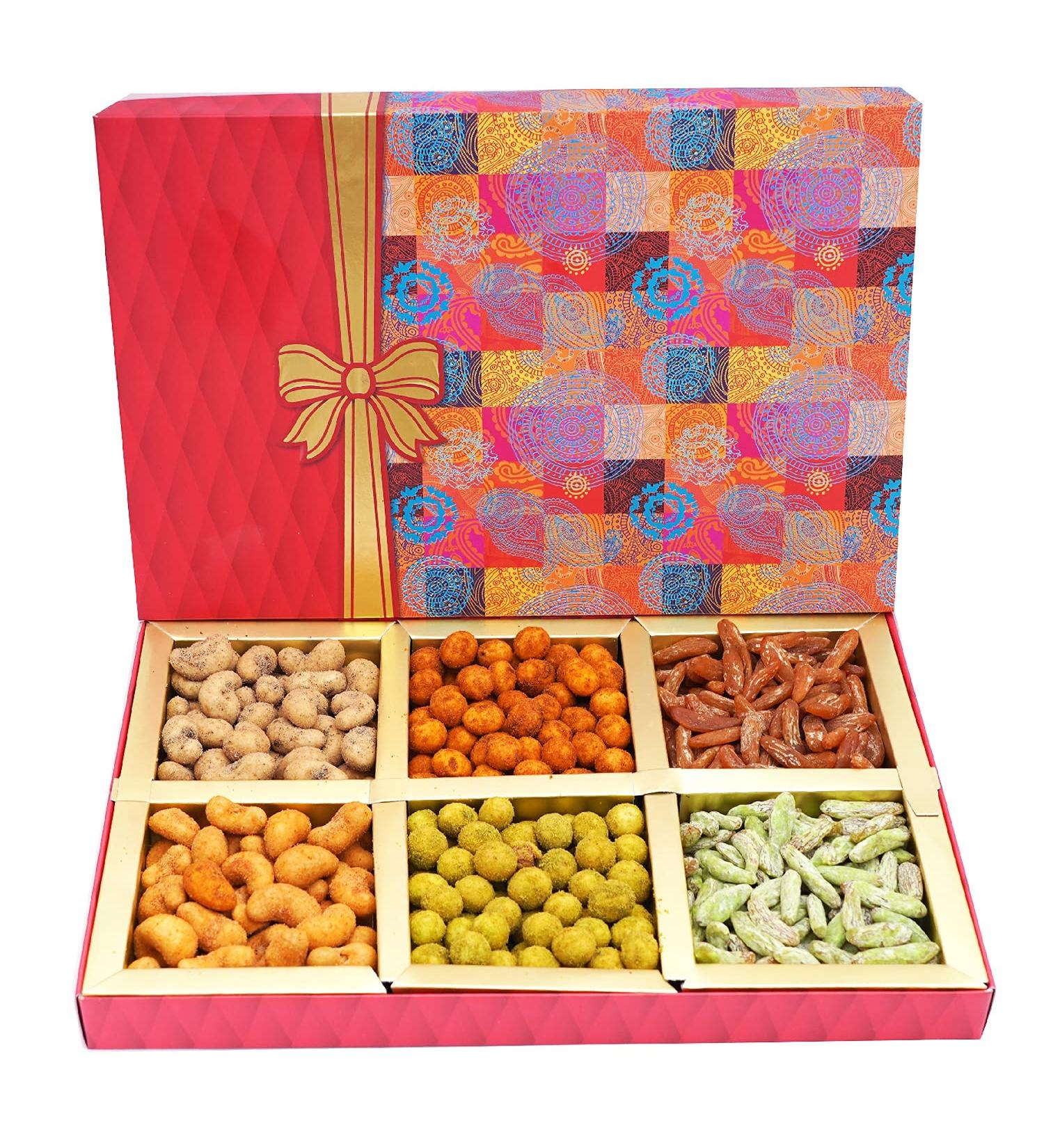 Ghasitaram Gifts Diwali Gifts Fruit n Nut 6 Parti Box of Crunchy Cashews Crunchy Peanuts and Flavoured Raisins 300 GMS - Buy Online on GoSupps.com