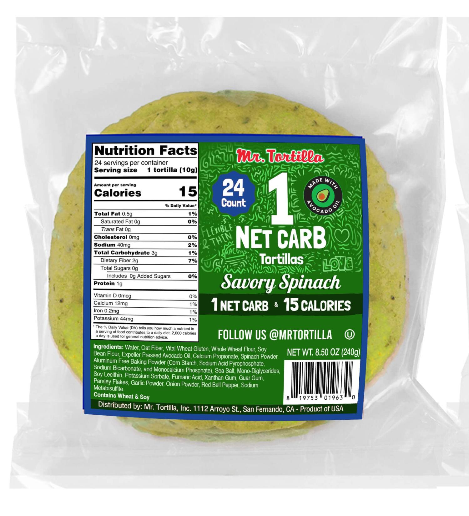 Mr. Tortilla Savory Spinach 1 Net Carb Tortillas - 24 Count (Pack of 1) - Buy Online on GoSupps.com