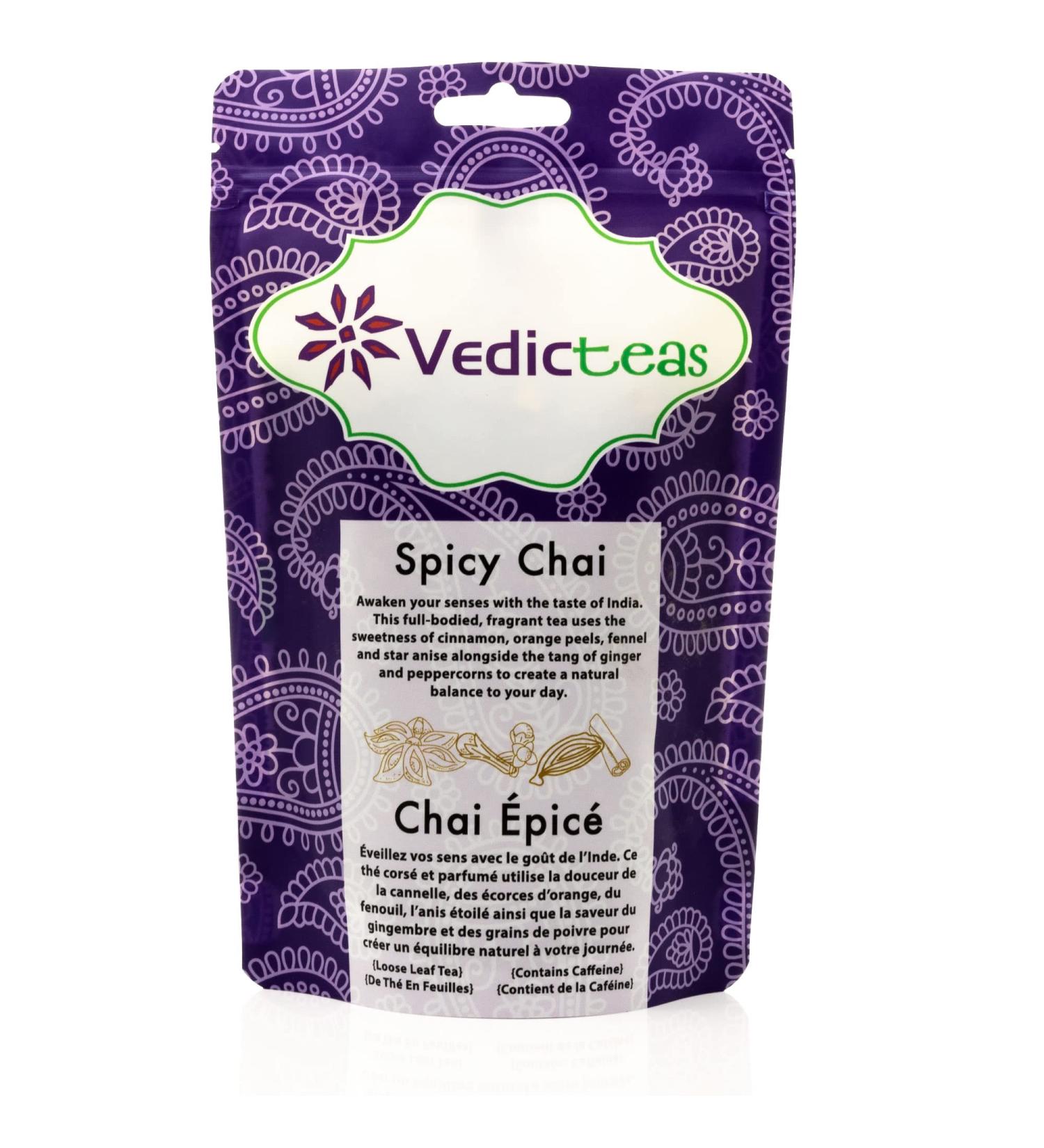 Vedic Teas Spicy Chai Loose Leaf Tea Leaves Indian Chai Masala Tea With Cinnamon Cloves Cardamom Spices And Assam Black Tea Sweet And Spicy Tea All Natural 125gm or 4.4oz - Buy Online on GoSupps.com