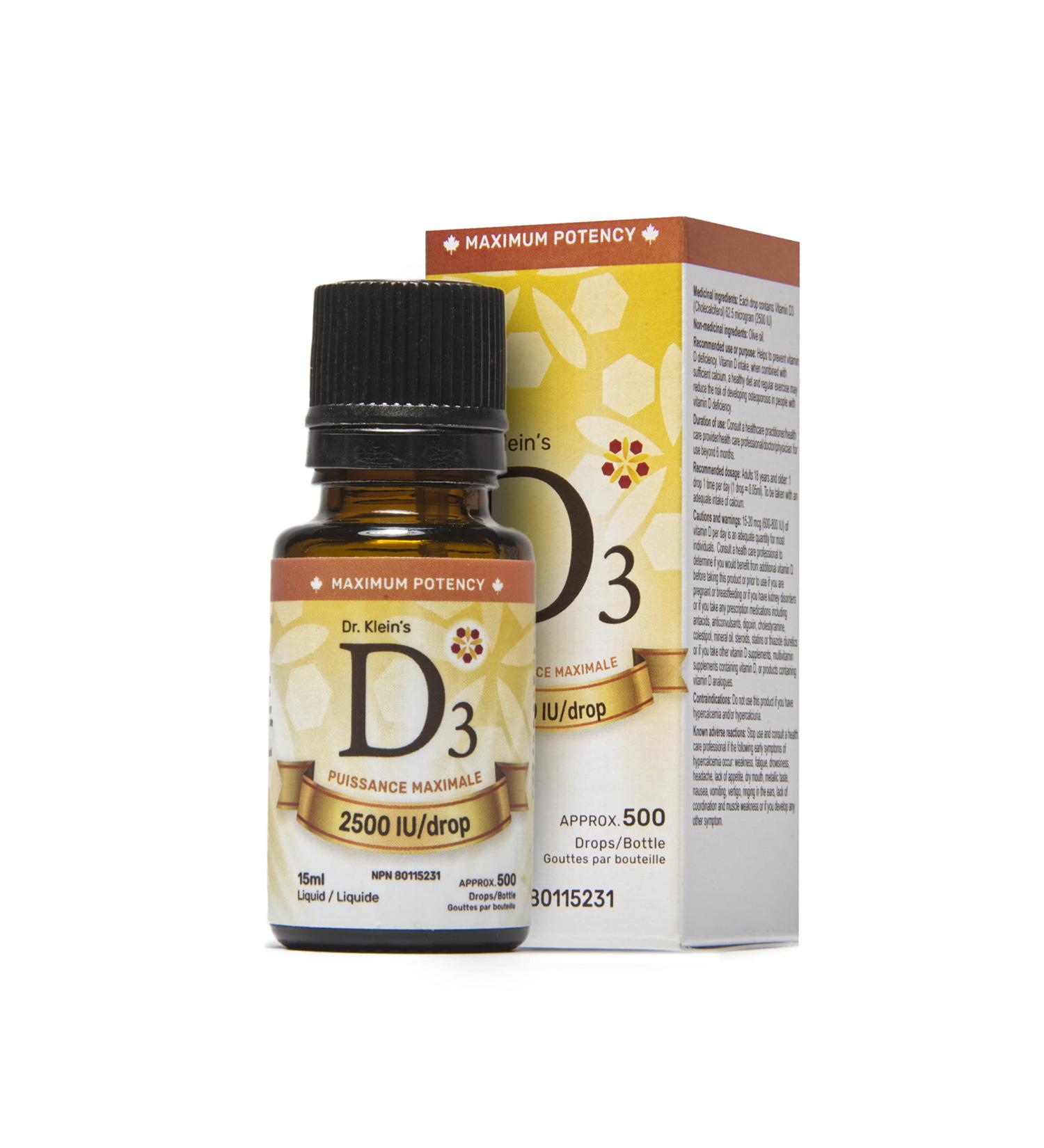 Dr. Klein's Vitamin D3 Liquid 2500 IU Drops. 500 Drops/Bottle. Prevents Vitamin D Deficiency And Supports Bone & Muscle Health. Immune Support. Vegetarian Gluten Free Dairy Free Non-GMO. 15 ml (Pack Of 1) - Buy Online on GoSupps.com
