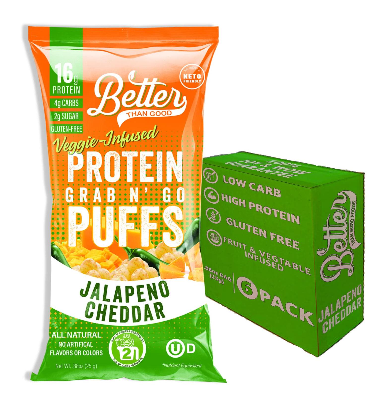 BETTER THAN GOOD Keto Protein Puffs | 16g Protein, 2 Servings Fruits & Veggies | Paleo, Low Sugar, Low Calorie, Gluten Free, Diabetic Friendly | Jalapeno Cheddar Flavor - 6 Pack, 0.88 oz - Buy Online on GoSupps.com