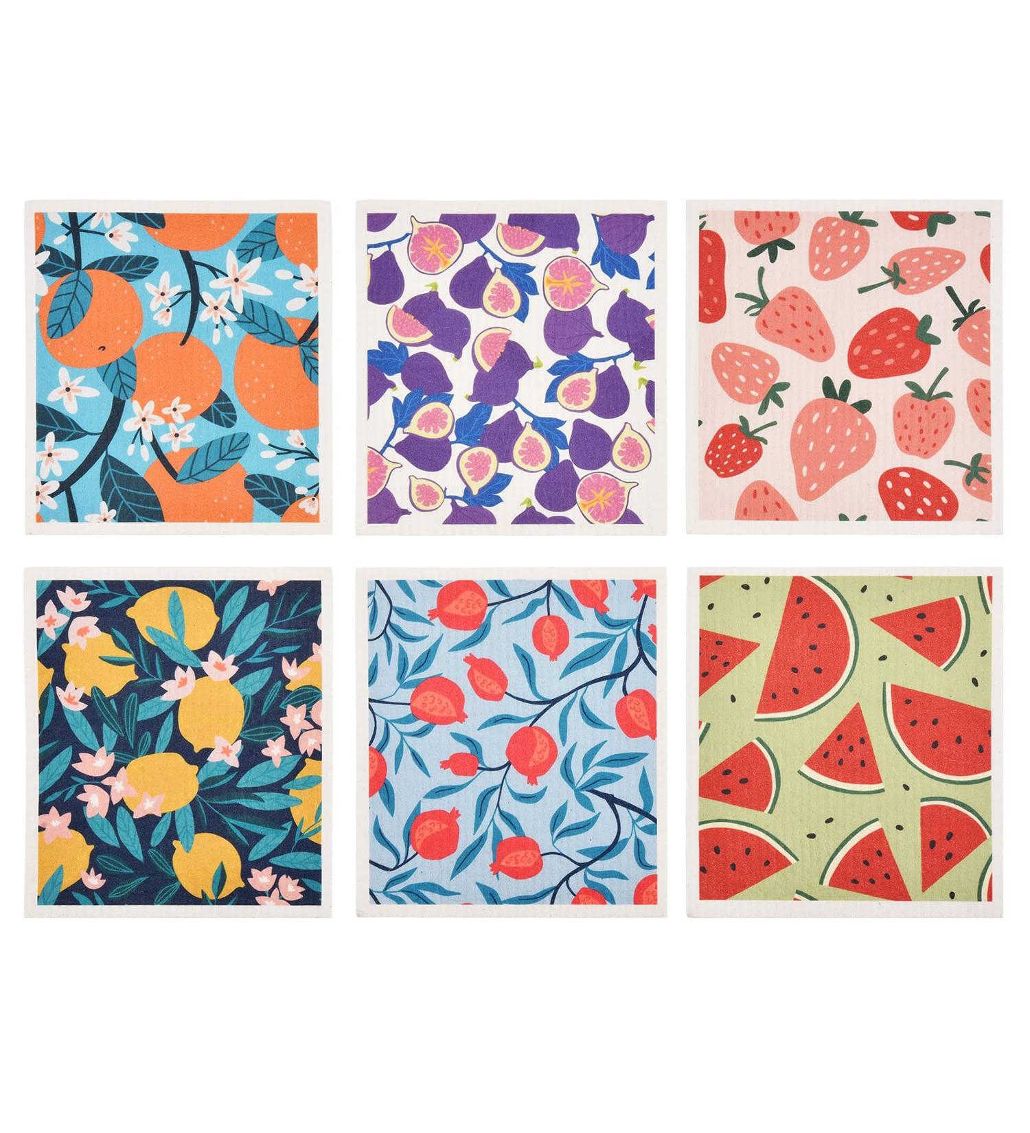Set of 6 Kitchen Scandi Watermelon Lemon Strawberry Orange Fig Pomegranate Swedish Dishcloths Cleaning Cloths Strong Absorbent Quick Drying Dish Towels Reusable Cloths for Counter Wipes Art Deco - Buy Online on GoSupps.com