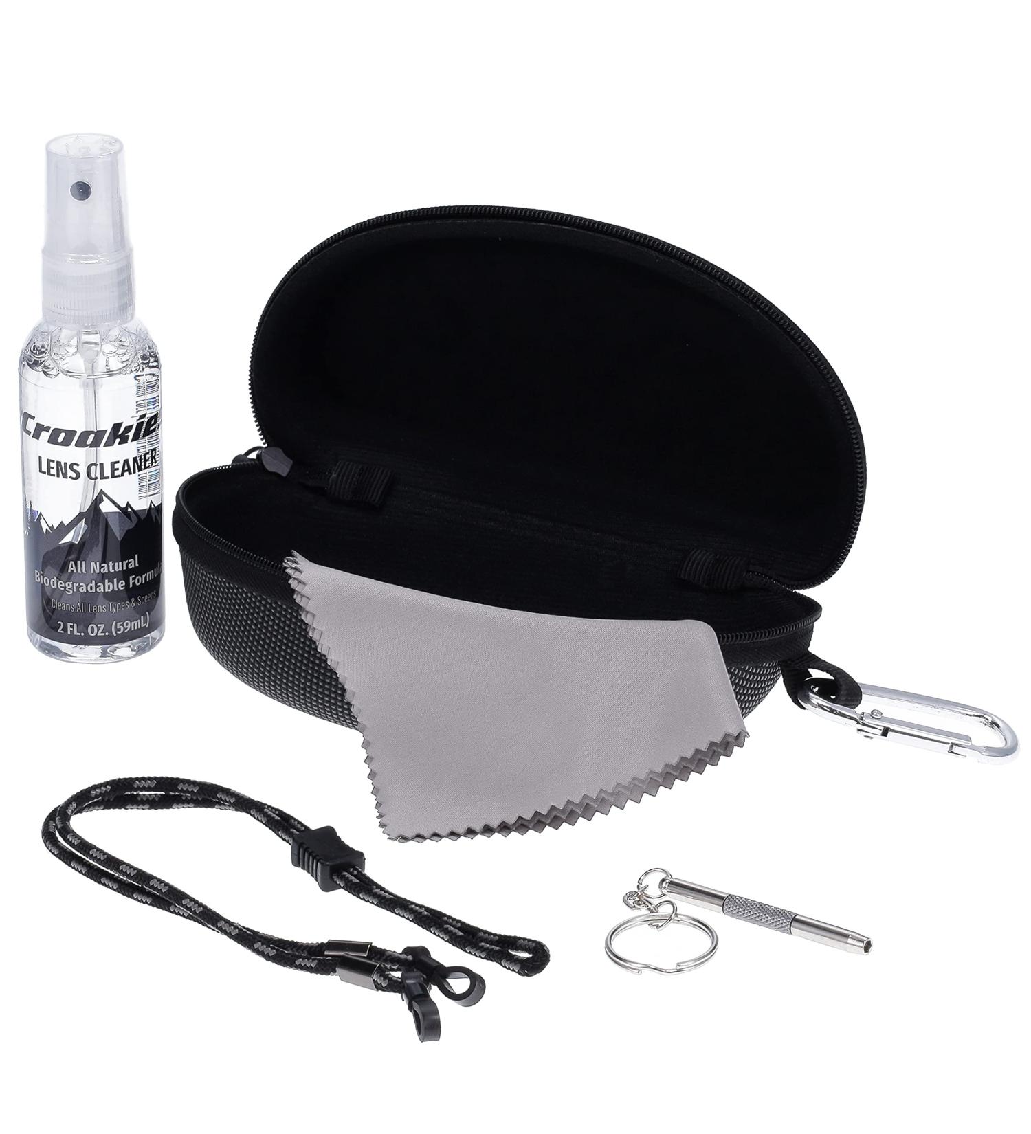 Croakies Eyewear Care Kit with 1(2oz) All Natural VOC Free Lens Cleaner + (1) Hard Case + (1) Microfiber Cloth + (1) Eyewear Retainer + (1) Repair Tool (Grey/Black)