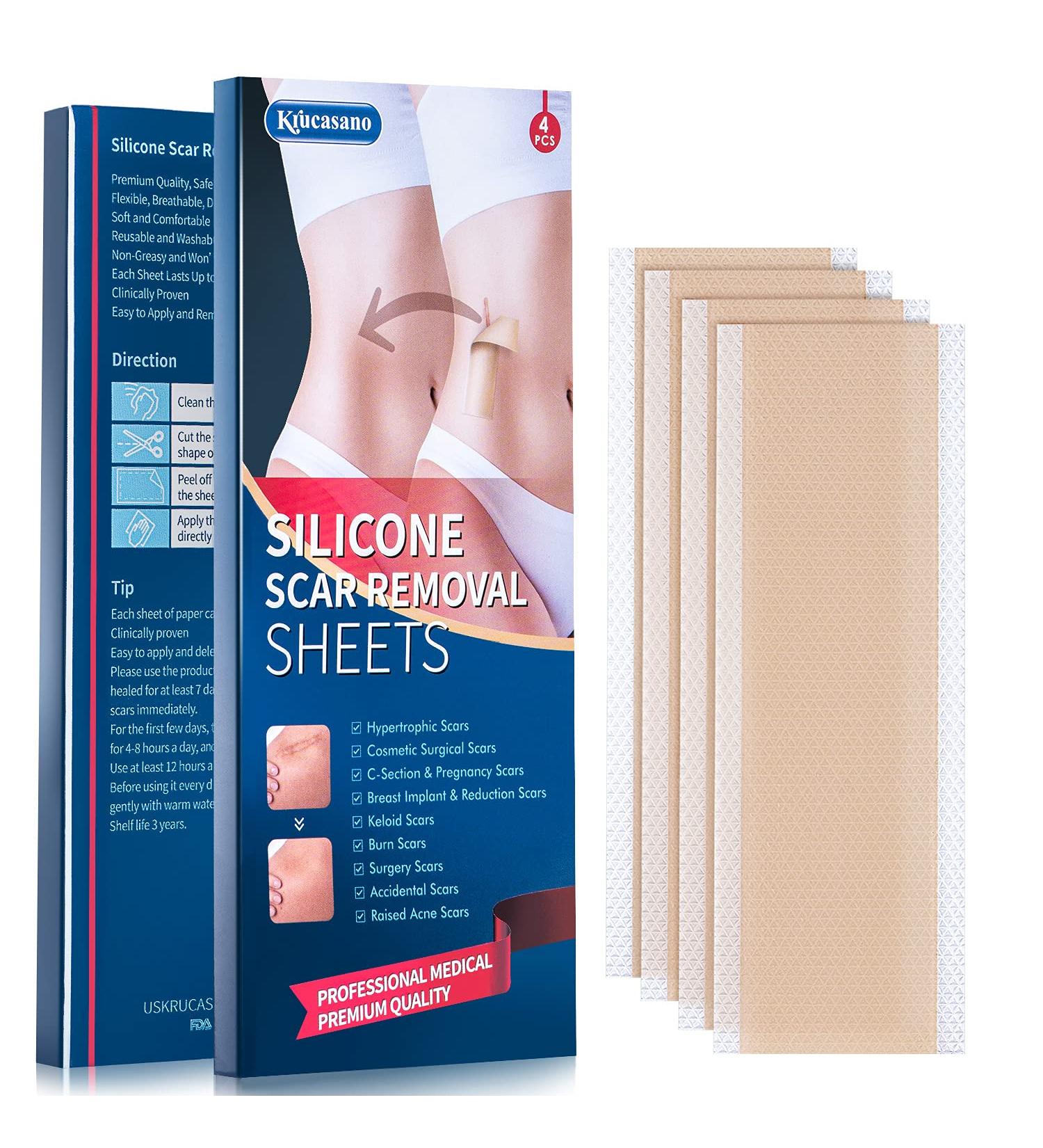 Krucasano Advanced Silicone Scar Sheets - 4 Reusable Sheets for Surgery, C-Section, Burn, Keloid, Acne, Old & New Scars - Hypertrophic Scar Removal - Buy Online on GoSupps.com