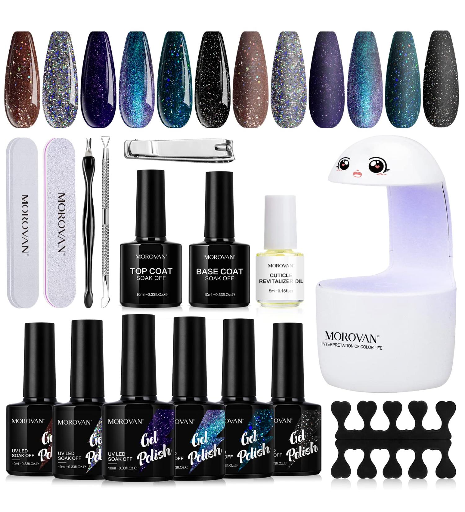 Morovan Gel Nail Polish Kit with UV Light - 6 Colors Glitter Set for Beginners - Base and Top Coat Included - DIY at Home Gift for Women - Buy Online on GoSupps.com