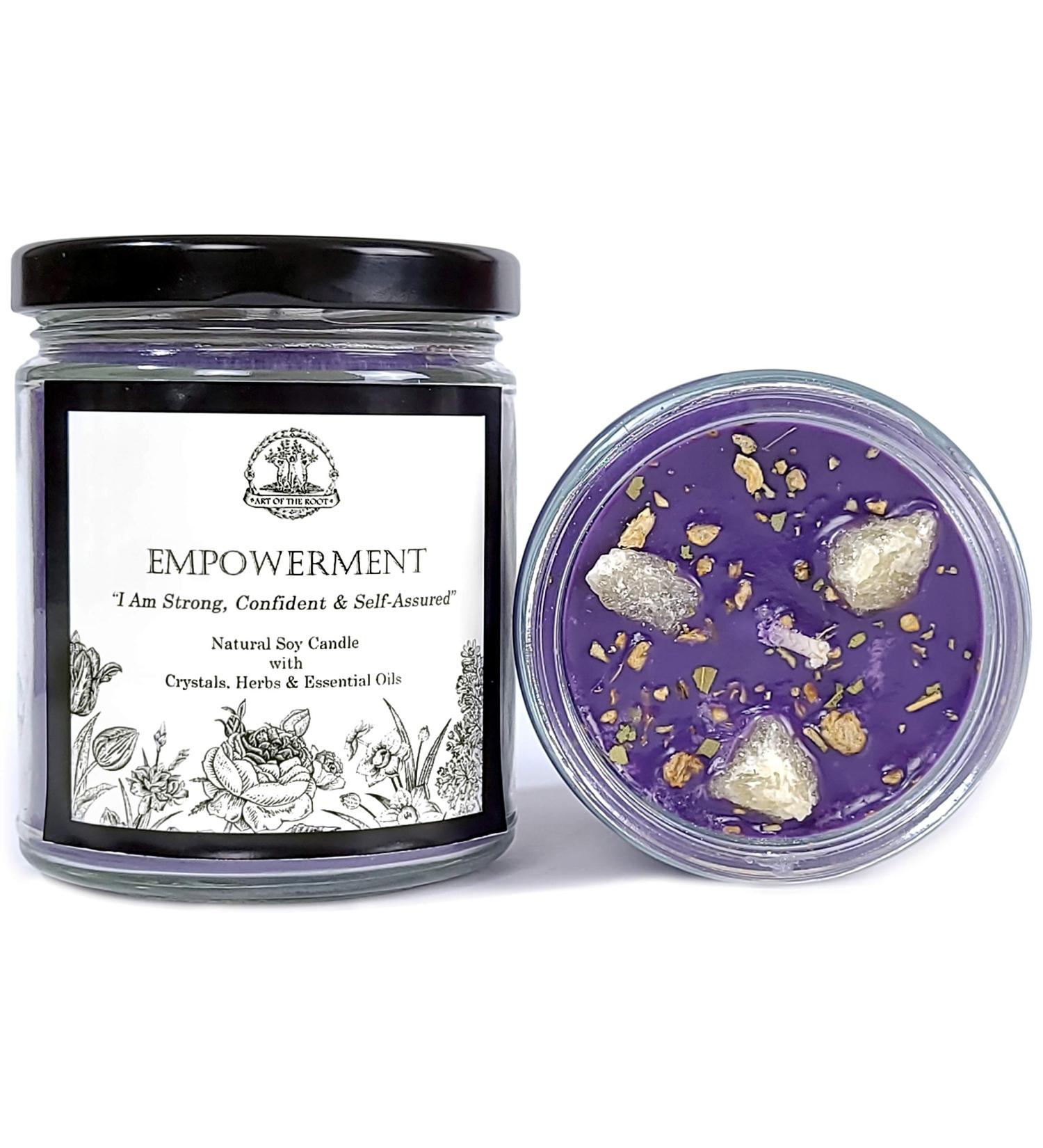 Empowerment Affirmation Candle | 9 oz Natural Soy Wax Orange Calcite Crystals Herbs & Essential Oils | Confidence Power Positive Self-Image | Wiccan Pagan Spirituality
