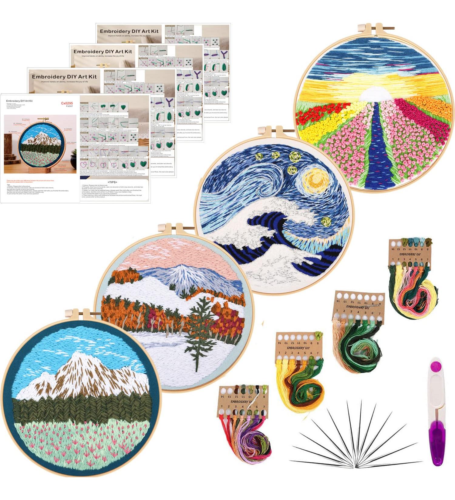 TCBASRT 4Pack Embroidery Kit for Beginners with Patterns and Instructions - Cross Stitch Kit with 2 Hoops, 4 Clothes, Plants & Flowers Patterns, Color Threads (Multicolor) - Buy Online on GoSupps.com