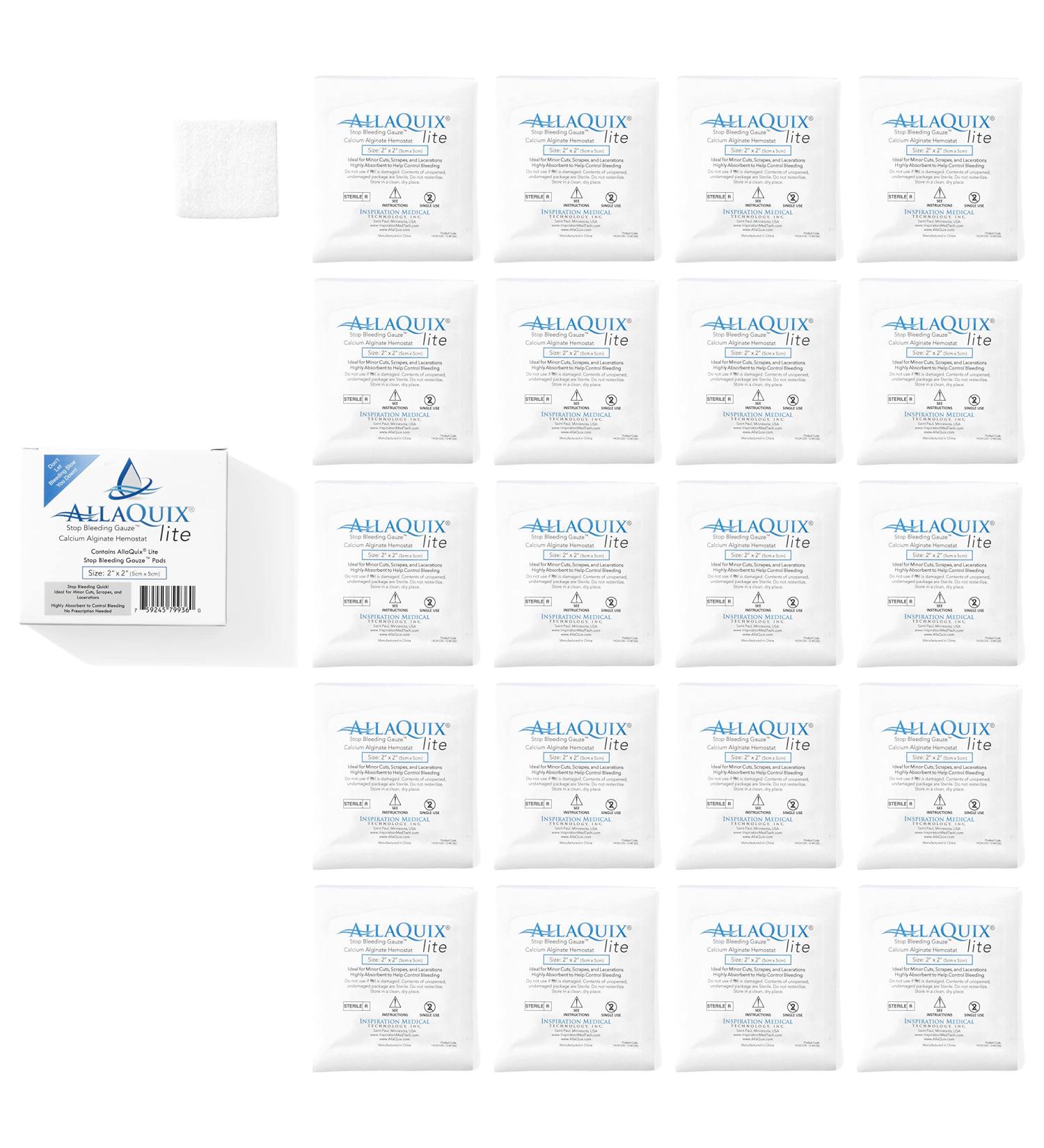 AllaQuix Lite Stop Bleeding Gauze - Large 2-inch Square Calcium Alginate Wound Dressing - Box of 20 | Hemostatic First Aid Bandage - Buy Online on GoSupps.com