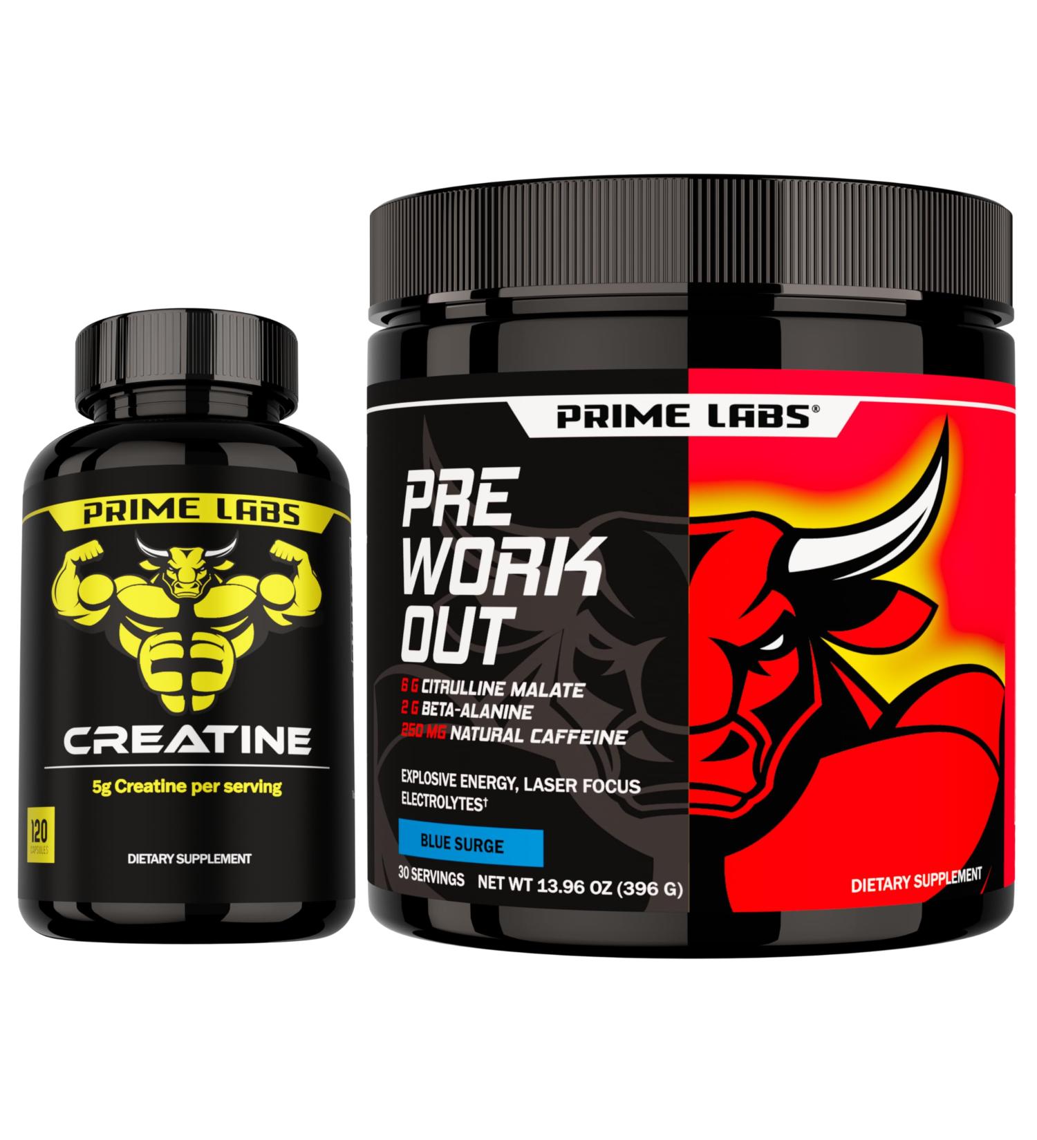 Prime Labs Creatine Monohydrate Capsules + Pre Workout Powder Supplement - Buy Online on GoSupps.com