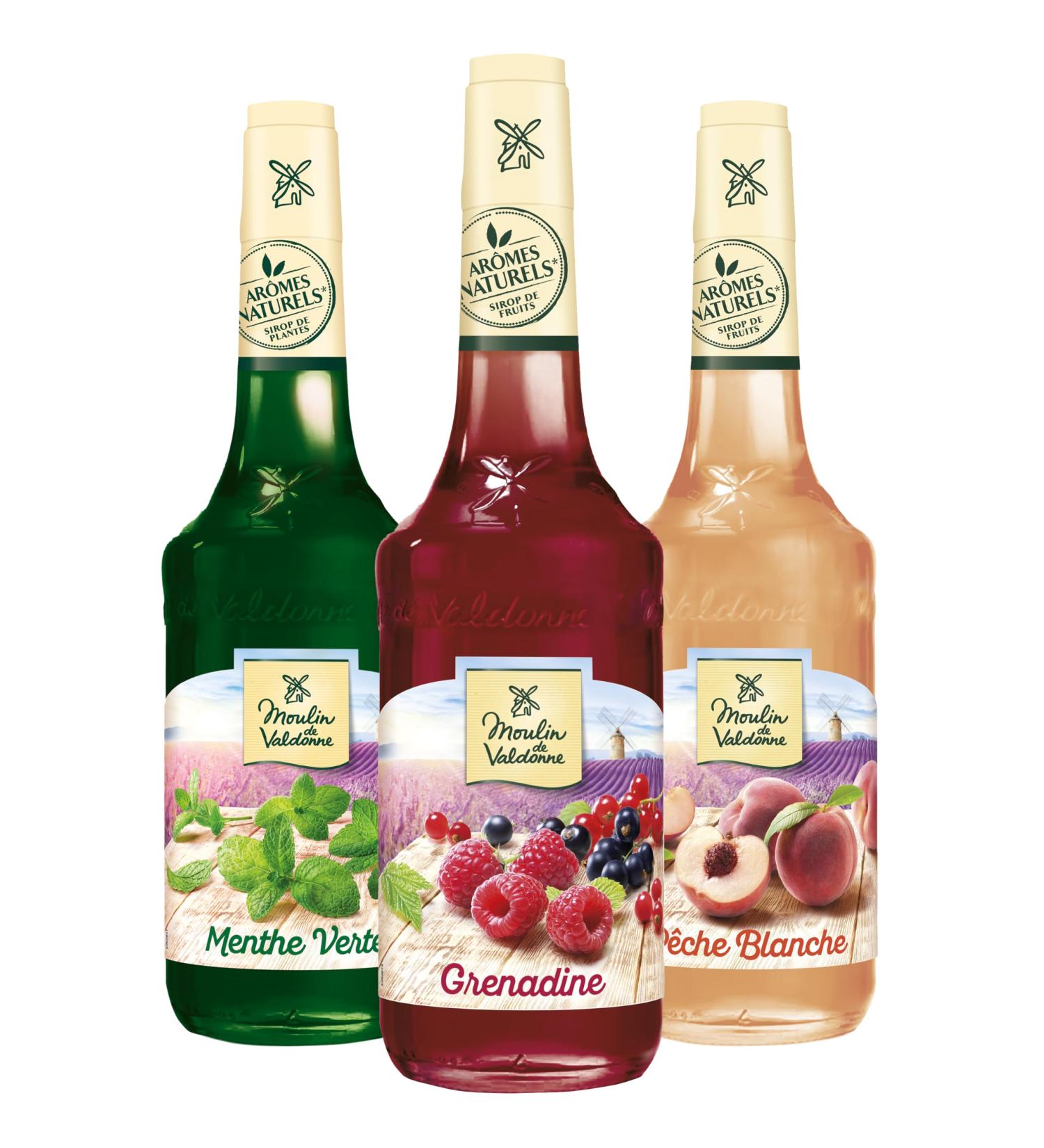 Moulin de Valdonne - Assorted Grenadine Syrup Mint Syrup and White Peach Syrup for Refreshing Drinks Cocktail with or without Alcohol 3 Bottles 70 cl - Buy Online on GoSupps.com