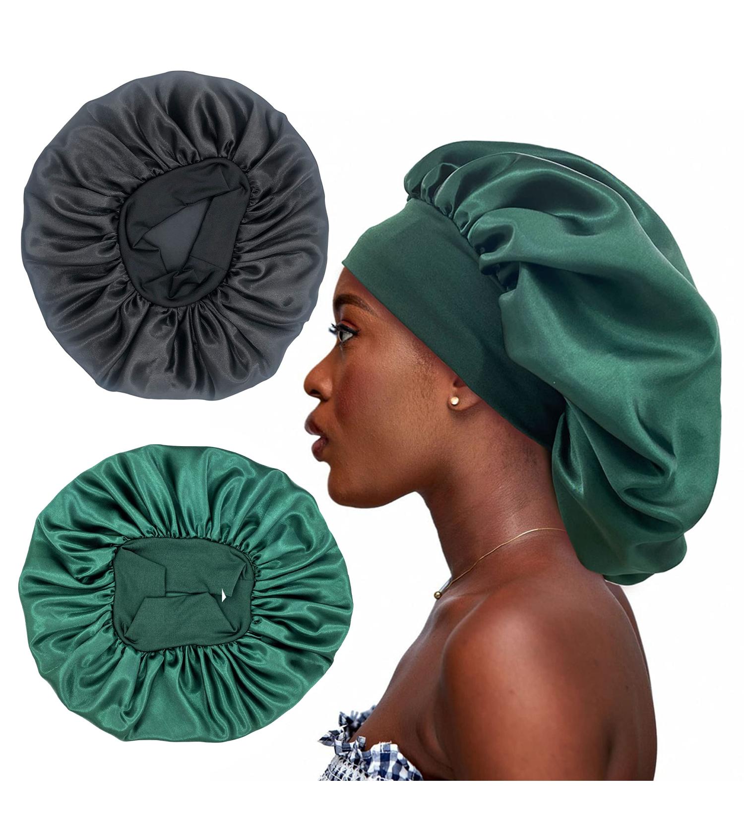 2PCS Large Satin Bonnet Set for Sleeping | Silk Hair Wrap Sleep Cap - Black & Hunter Green | Elastic Band | Big Bonnets for Black Women Hair Care - Buy Online on GoSupps.com