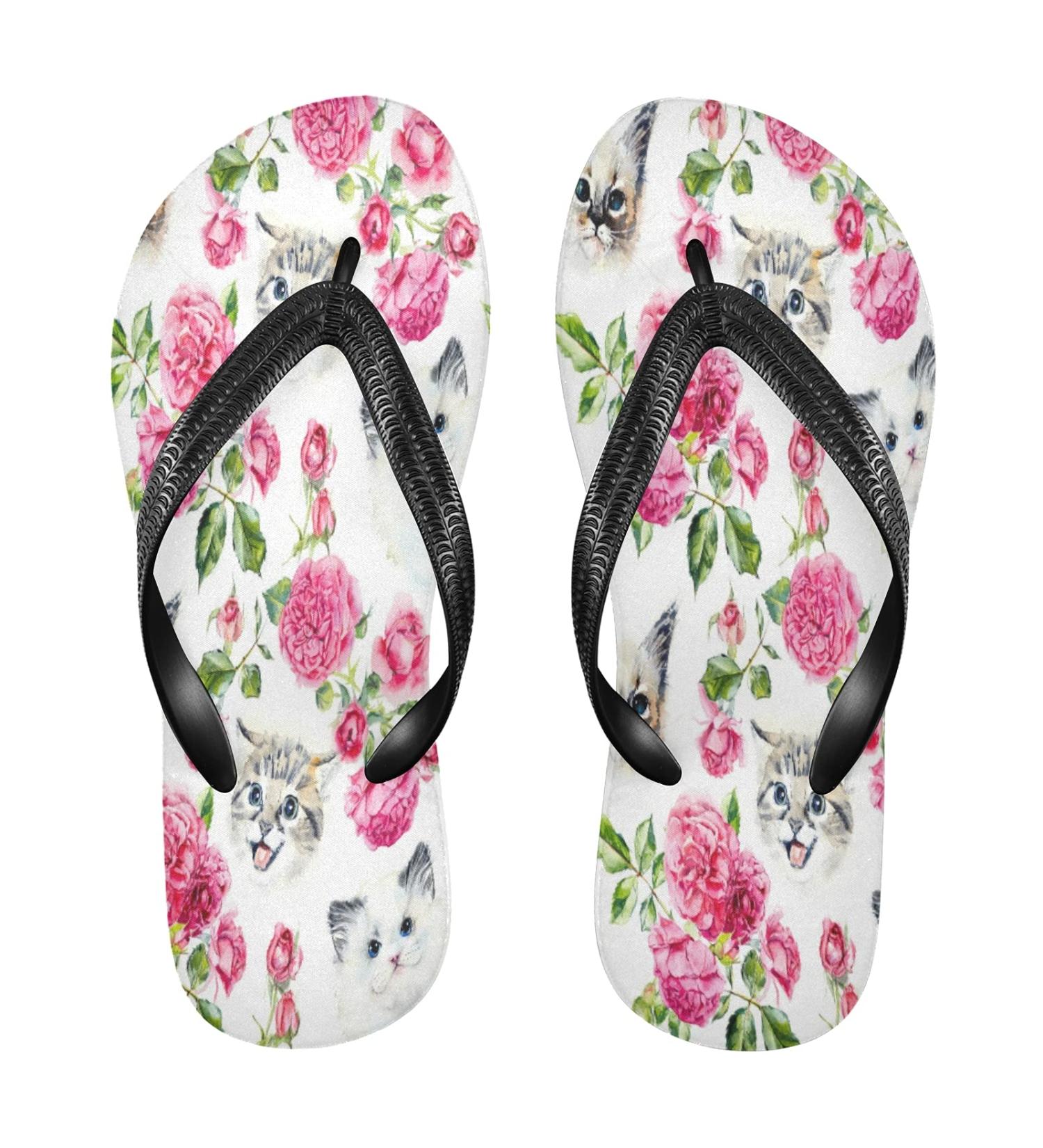 Mnsruu Cat Kitten Rose Flip Flops | XXL Home Hotel Spa & Travel Footwear for Men & Women - International Shipping Available - Buy Online on GoSupps.com