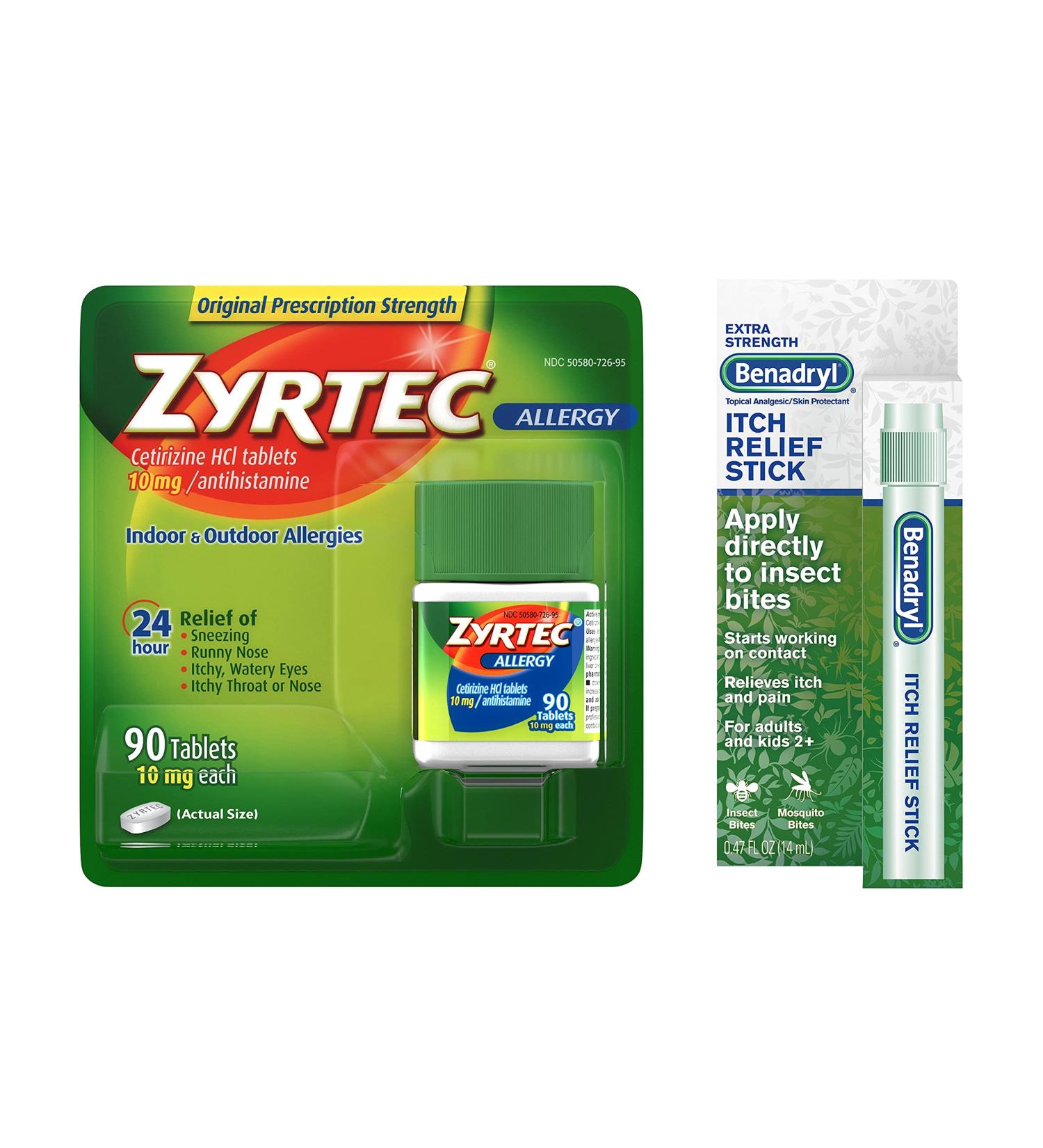 Zyrtec 24 Hour Allergy Relief Tablets & Benadryl Itch Relief Stick Bundle Pack | 90 ct Cetirizine HCl & Extra Strength Diphenhydramine with Zinc Acetate - Buy Online on GoSupps.com