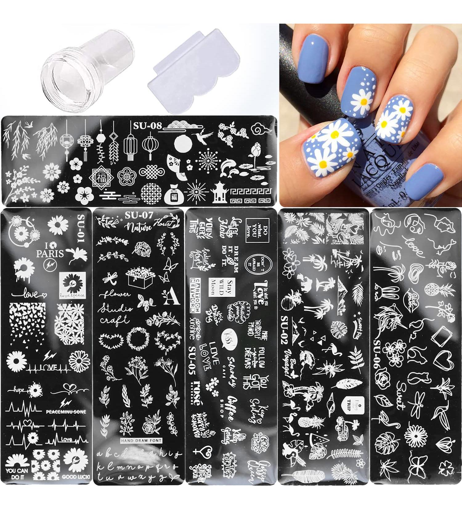 6-Piece Nail Stamping Plates Set with Stamper, Scraper, Chrysanthemum, Coconut Tree, and Leaf Designs - Manicure Nail Art Templates for Flowers - Nail Supplies - Buy Online on GoSupps.com