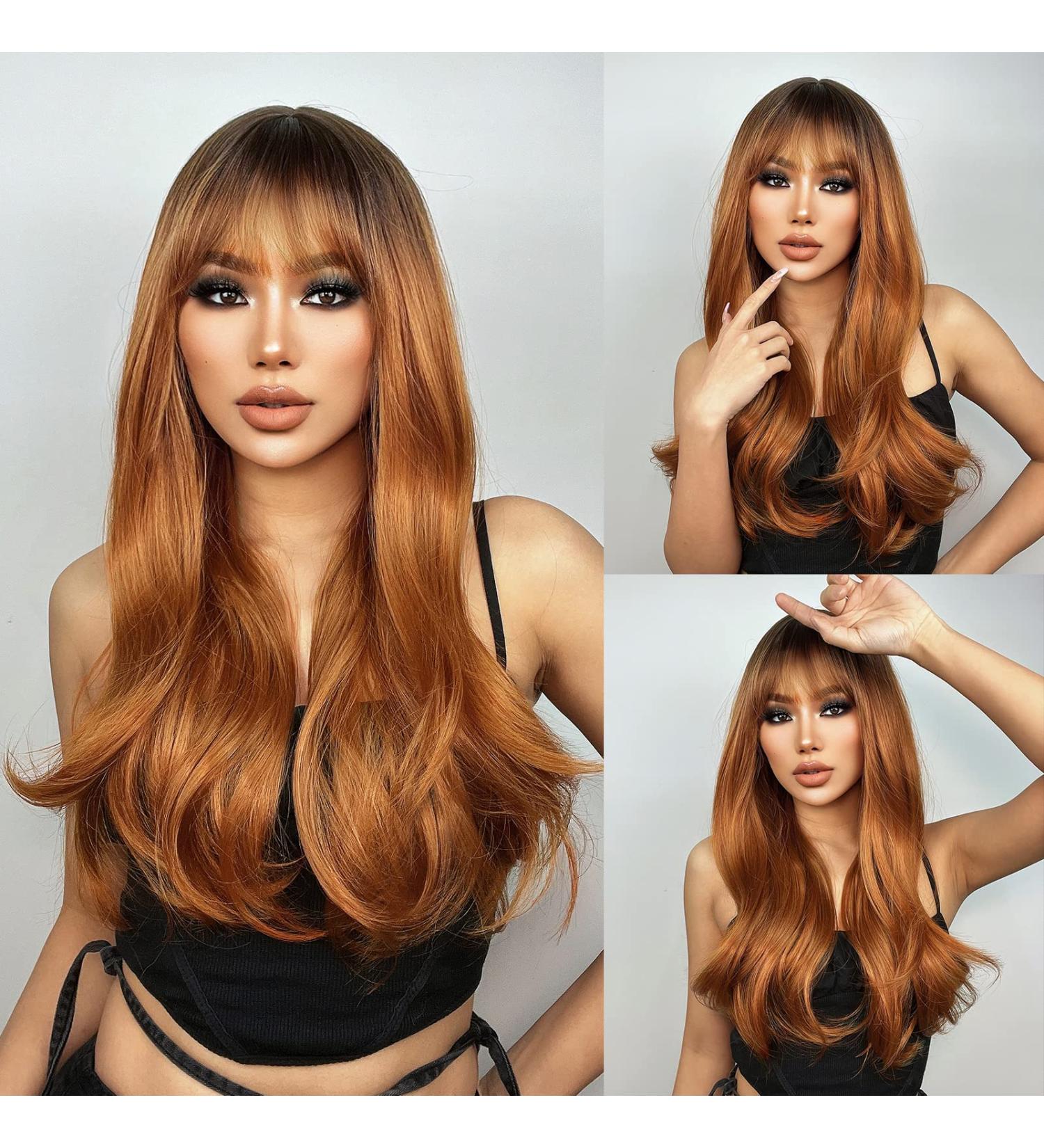 ENTRANCED STYLES 26 Inch Auburn Wig with Bangs | Long Layered Natural Hair Wig for Women | Dark Roots Copper Red Ombre | Heat Resistant Synthetic | Daily Use Redhead Wig - Buy Online on GoSupps.com