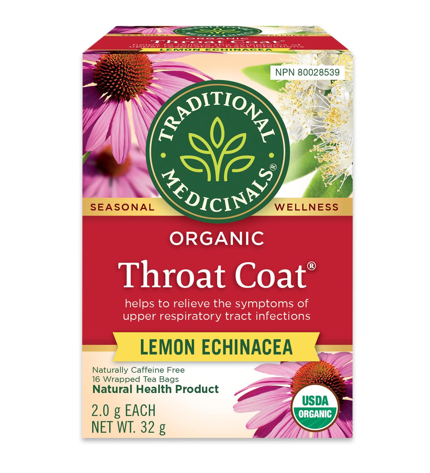 Traditional Medicinals - Organic Throat Coat Lemon Echinacea Herbal Tea (Pack of 1) - Helps Relieve Symptoms of Upper Respiratory Tract Infection - Sustainably Sourced Fair Wild Ingredients - 16 Tea Bags Total Throat Coat Lemon Echinacea 16 Count (Pack of - Buy Online on GoSupps.com