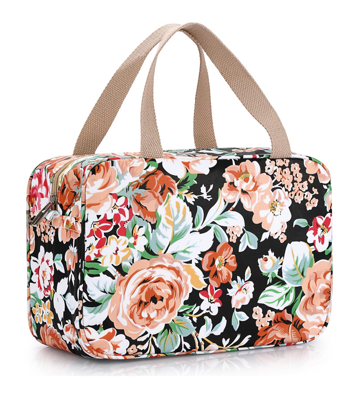 IGNPION Large Waterproof Travel Toiletry Bag - Black Flower Print | Makeup Organizer, Cosmetic & Gym Bag for Women - Buy Online on GoSupps.com