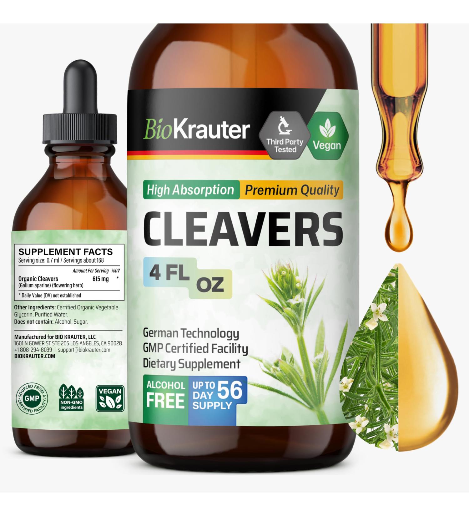 BIO KRAUTER Cleavers Tincture - Cleavers Herb Liquid Extract - Natural Detox - Alcohol and Sugar Free - Vegan Extract 4 Fl.Oz. 4 Fl Oz (Pack of 1) - Buy Online on GoSupps.com