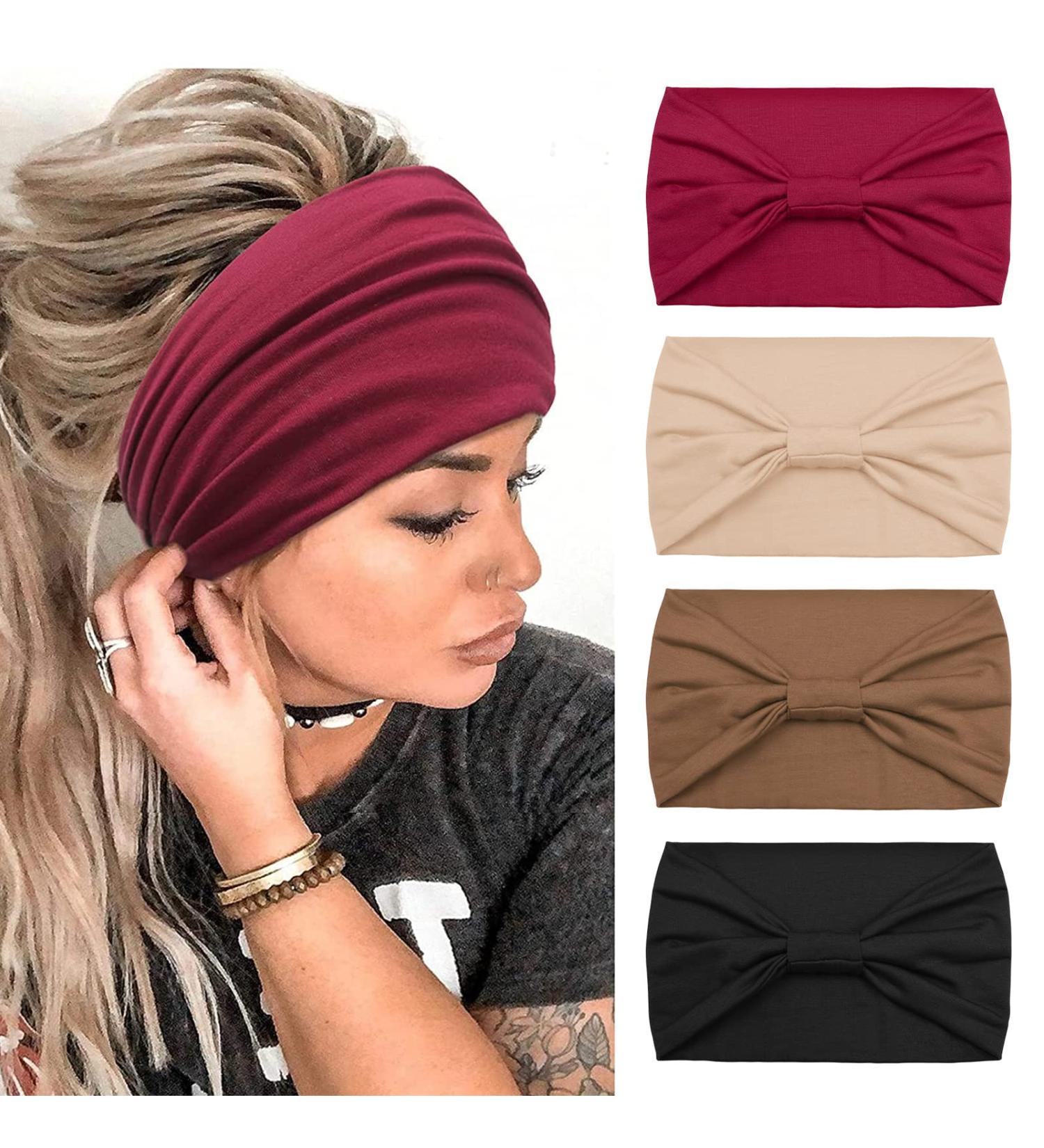 Kavya Wide Headbands for Women - Set of 4 | Soft Elastic Hair Bands for Yoga & Fashion | Knotted Headscarf & Hair Accessories for Adults - Buy Online on GoSupps.com