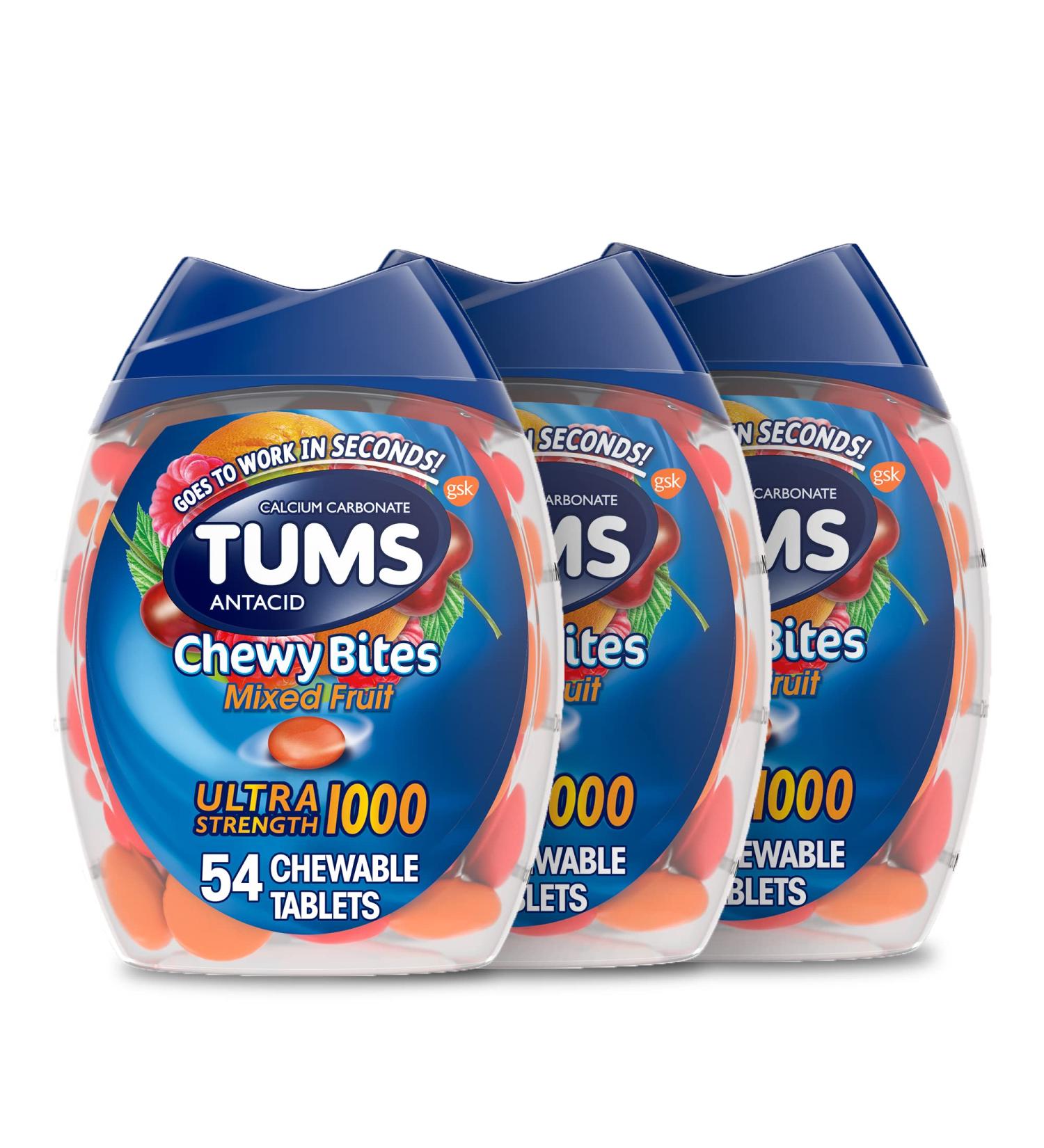 TUMS Chewable Bites Ultra Strength Antacid Tablets - Mixed Fruit Flavor, 54 Count (Pack of 3) | Heartburn and Indigestion Relief - Buy Online on GoSupps.com