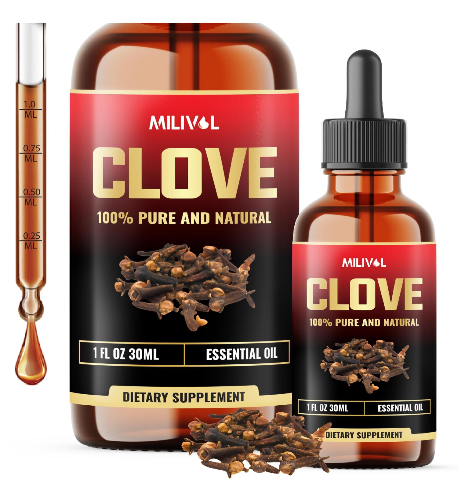 MILIVOL Clove Oil for Teeth and Gums- 10% Pure Natural Clove Essential Oil for Toothache, Sore Muscles, Skin & Hair Care - Soothing Clove Bud Essential Oil - 1Fl Oz - Buy Online on GoSupps.com
