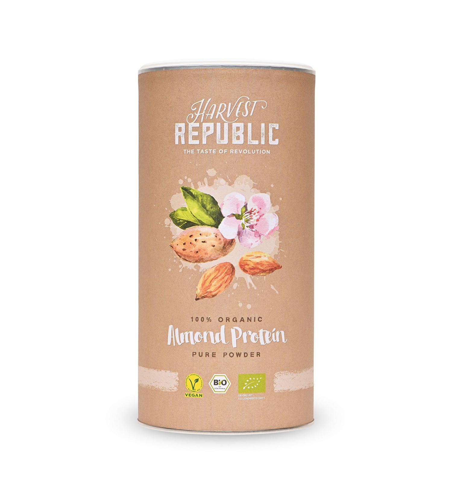 HARVEST REPUBLIC Organic Almond Protein Powder - 550g 50% Protein Creamy & Easily Soluble - Premium Organic Food for International Shipping - Buy Online on GoSupps.com