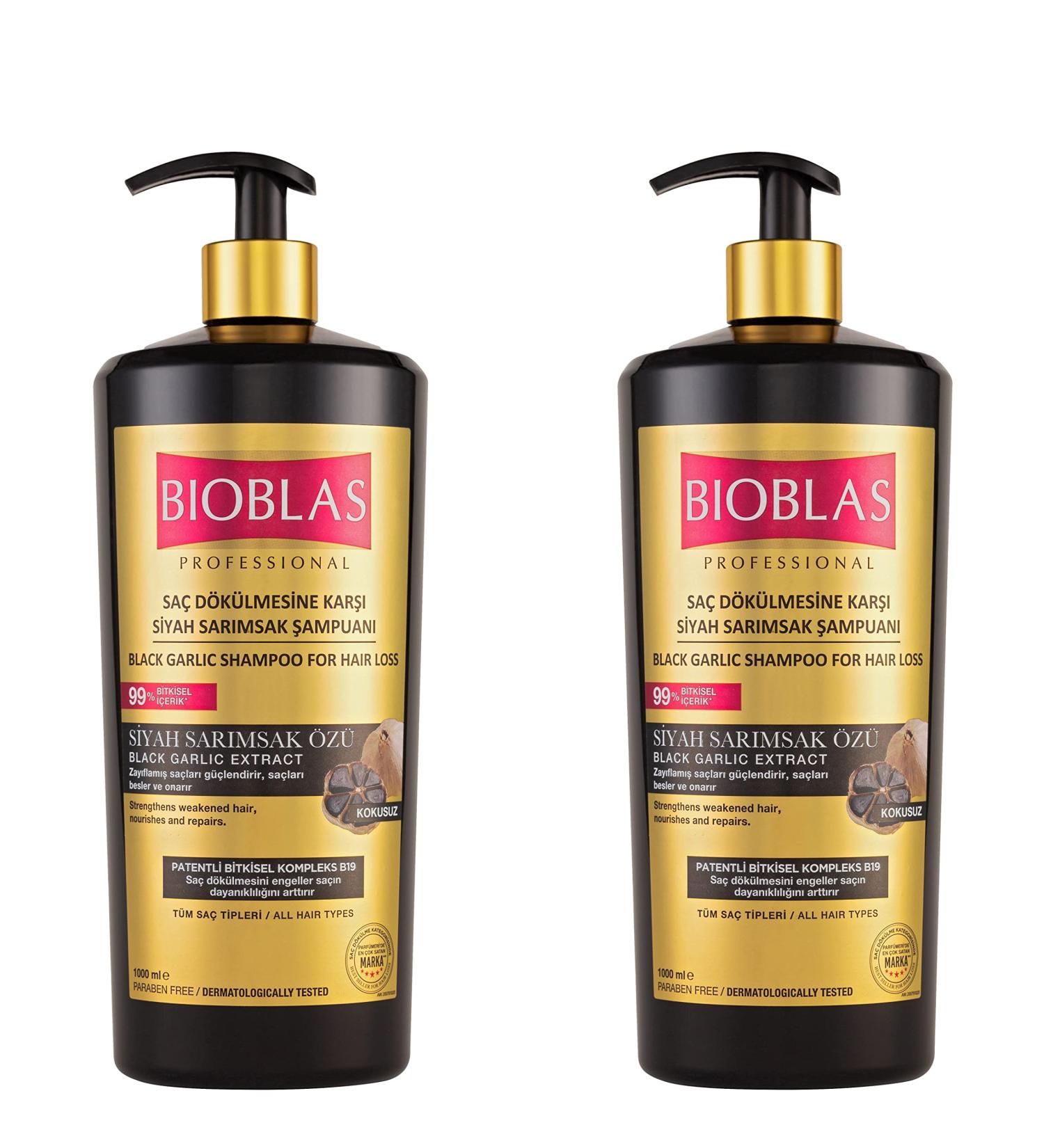  BIOBLAS Bioblas Pack of 2 Black Garlic Shampoos 1000 ml Anti-hair loss for men and women odorless dermatologically tested (2 x 1000 ml) - Buy Online on GoSupps.com