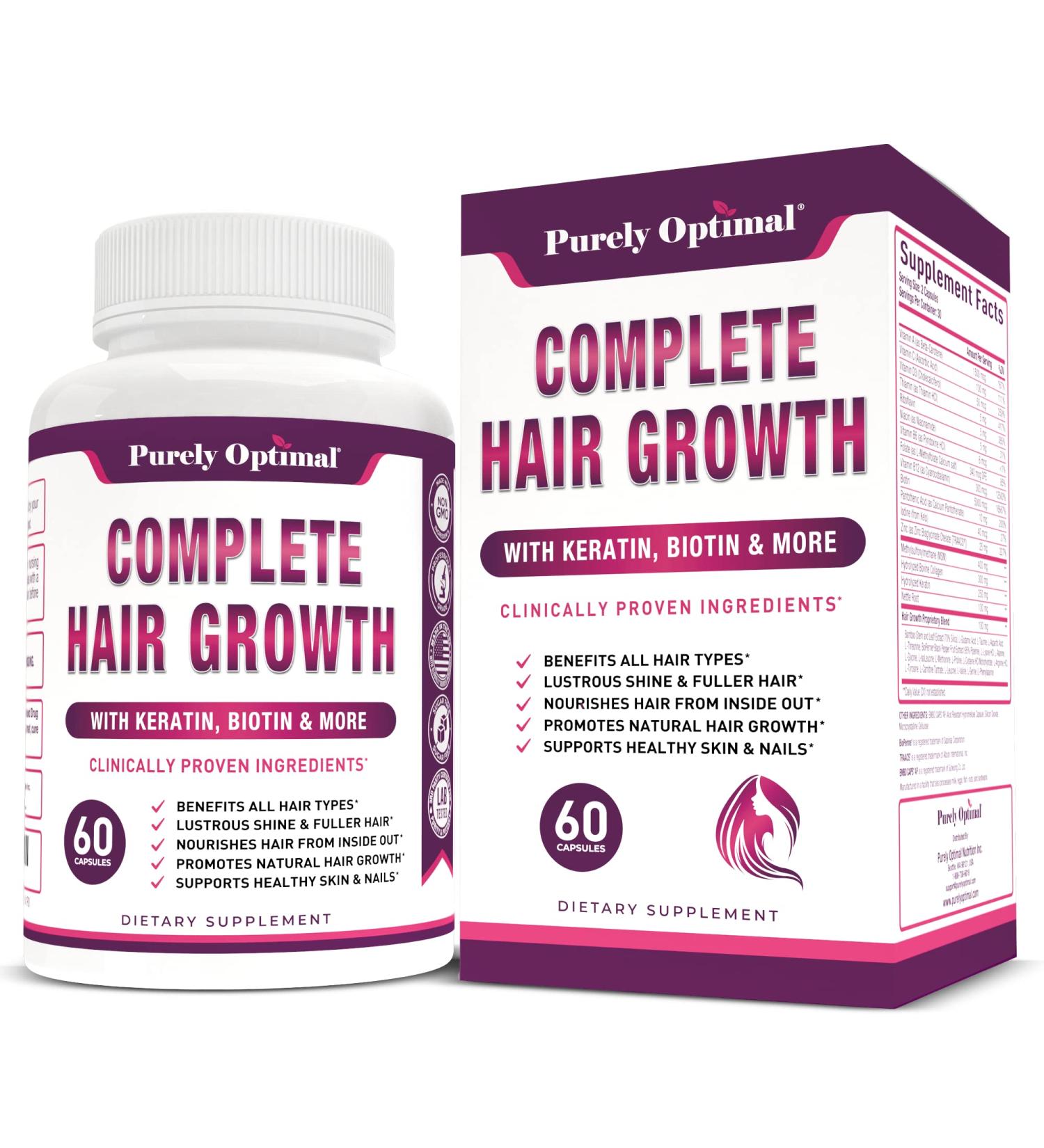 PURELY OPTIMAL Hair Growth Vitamins for Women & Men - Biotin & Keratin - 60 Capsules - Buy Online on GoSupps.com