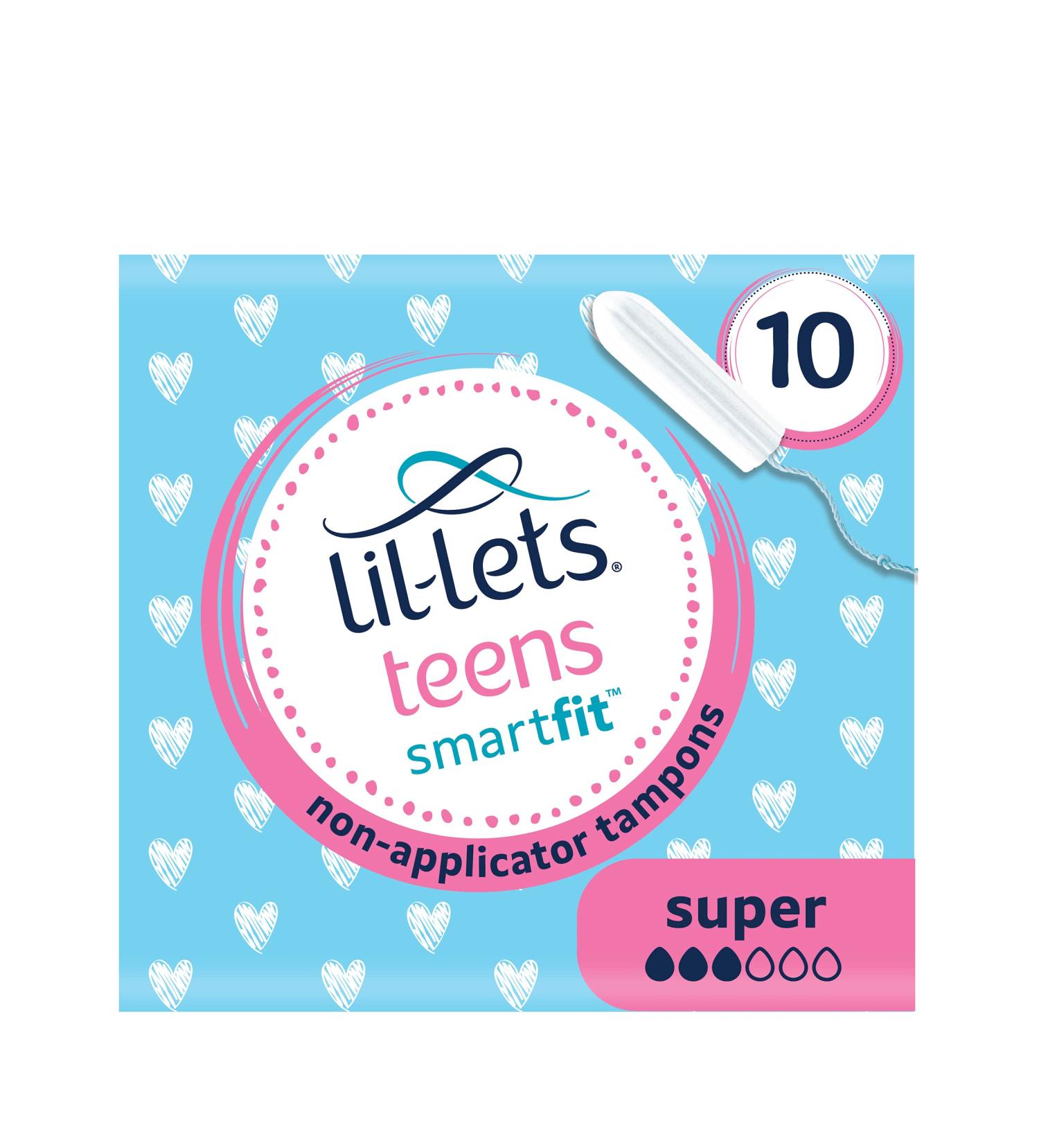 Lil-Lets Teens Non-Applicator Super Tampons X 70 7 Packs of 10 Medium to Heavy Flow 3 Droplets Plant-Based SmartFit Non-App Tampon 7 packs of 10 tampons Super