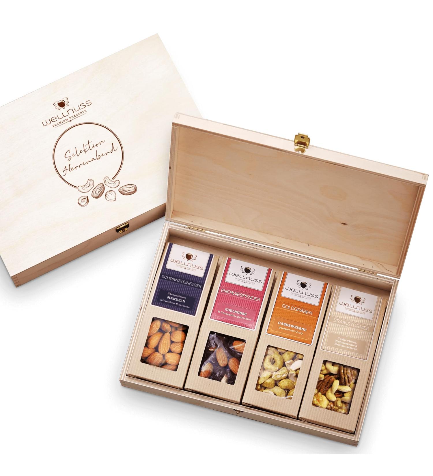 Wellnut Vegan Men's Evening Gift Set | 4 Premium Snacks in Birch Wood Box | Perfect Gift for Dad Brother Friend & Grandpa - Buy Online on GoSupps.com
