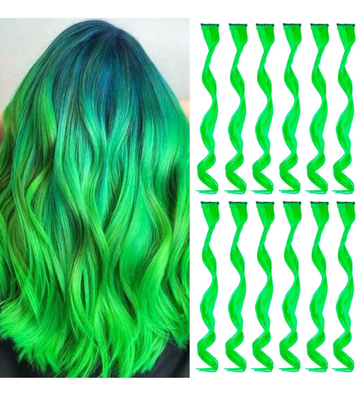 Green Clip-In Hair Extensions for Girls - 17 Inch Colorful Curly Wavy Hair Accessories - 12 PCS Highlight for Parties & Kids - Buy Online on GoSupps.com
