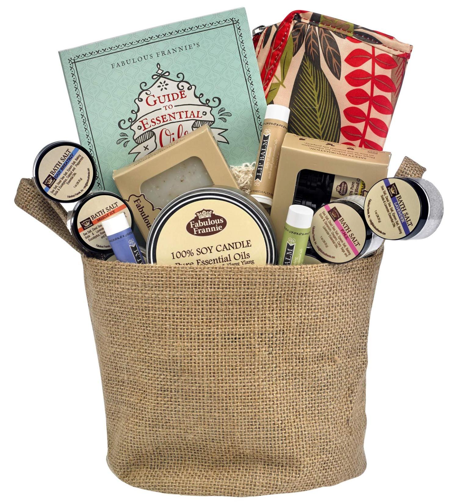Fabulous Frannie Ultimate Relaxation Gift Basket Includes 3pk 10ml Blends Travel Bag 6pk 1oz Bath Salt 6oz Candle 4oz Soap Soap Sack 15oz Lip Balm Trio and Frannie's Guide to Essential Oils