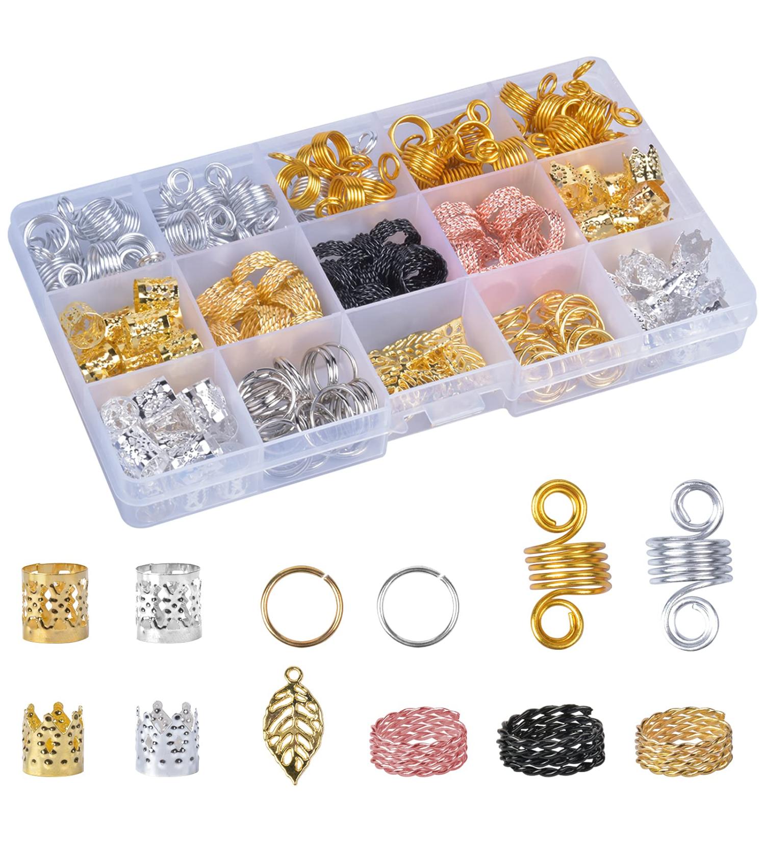 200 Hair Braiding Rings & Aluminum Dreadlocks Pearls - Adjustable Metal Hair Cuffs in Gold & Silver with Storage Box | Perfect for Hair Accessories - Buy Online on GoSupps.com