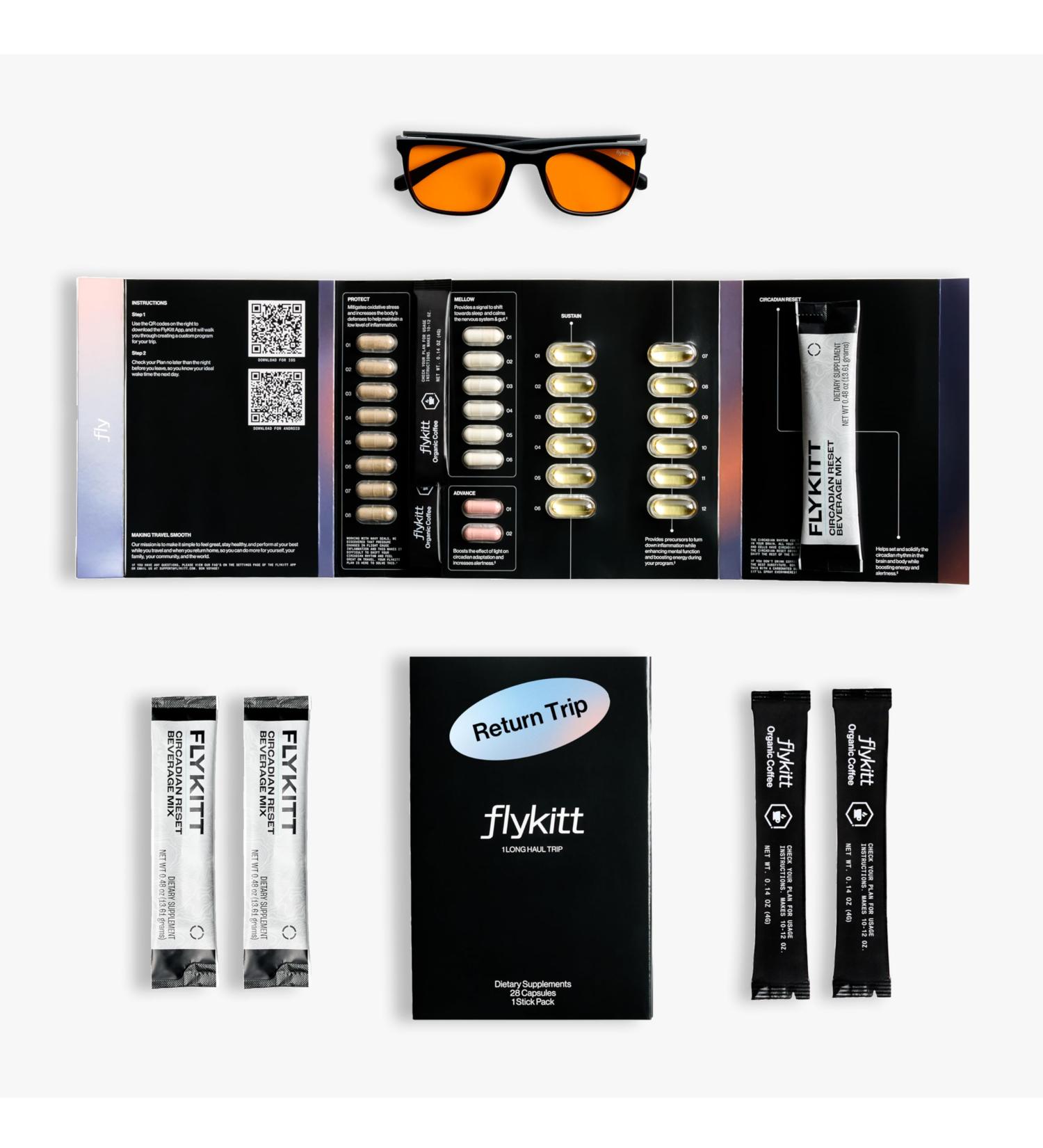 Flykitt Jet Lag Prevention Kit | Complete Travel Essentials with App-Guided Supplement Schedule & Blue Light Glasses | Stay Energized & Wake Up Refreshed for Your Entire Trip - Buy Online on GoSupps.com