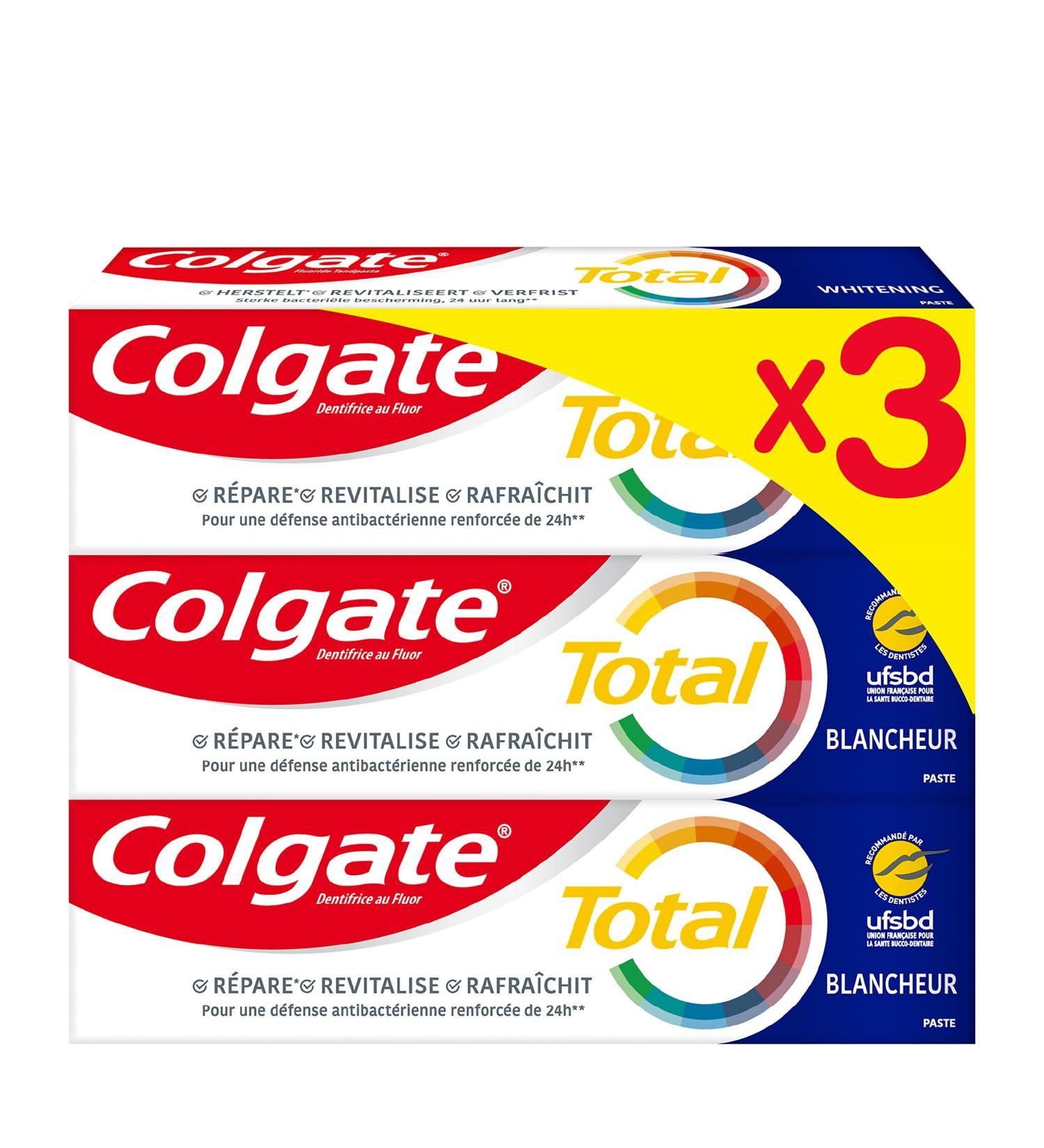 Colgate - Total Whitening Toothpaste Removes Plaque and Stains from the Surface of Teeth 12H Protection on Teeth Tongue Gums 75 Ml Pack of 3 (Pack of 3) - Buy Online on GoSupps.com